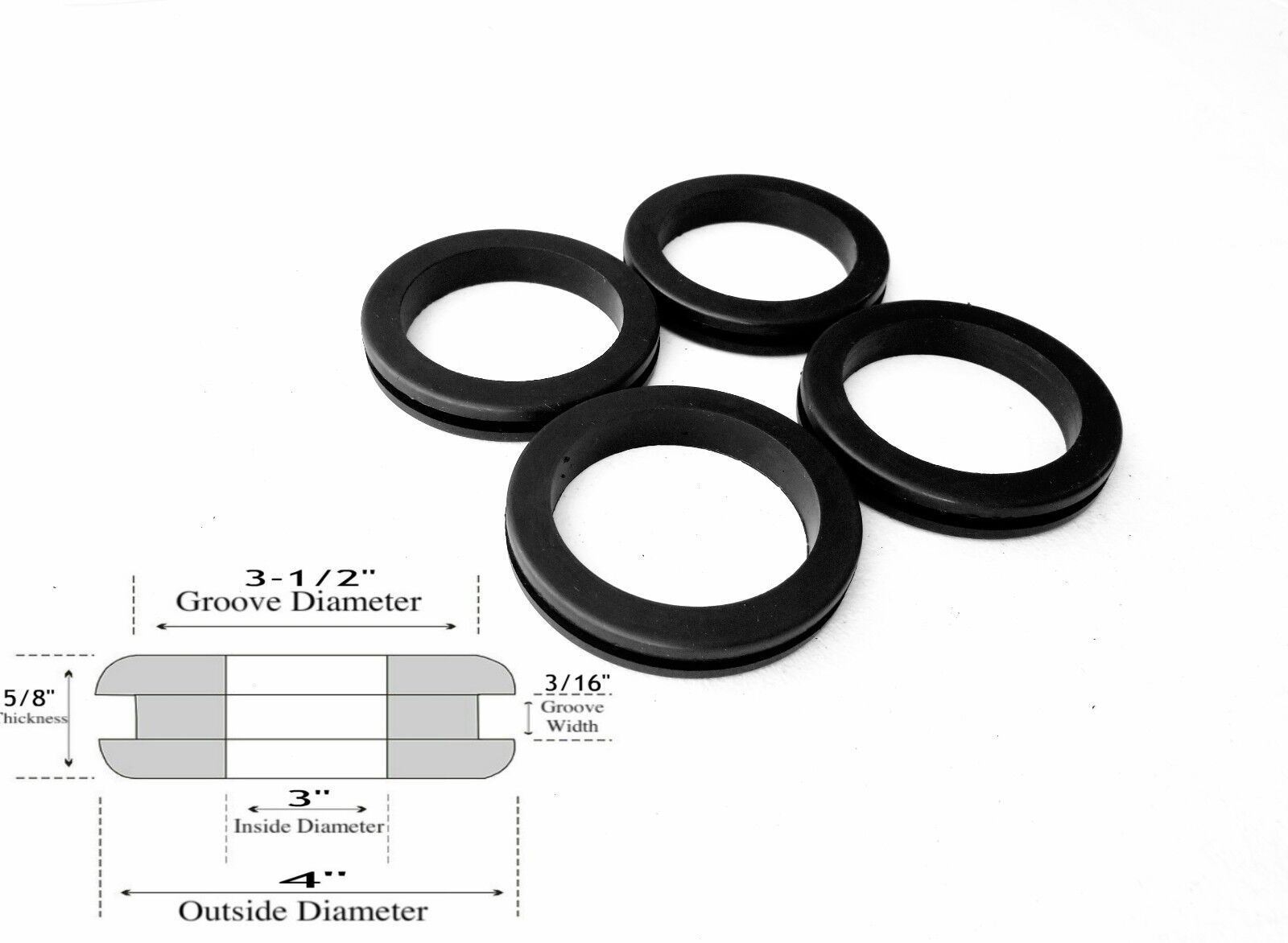 Pack of 4 Rubber Grommets: 3″ Inside Diameter – 3/16″ Groove Width – Fits 3-1/2″