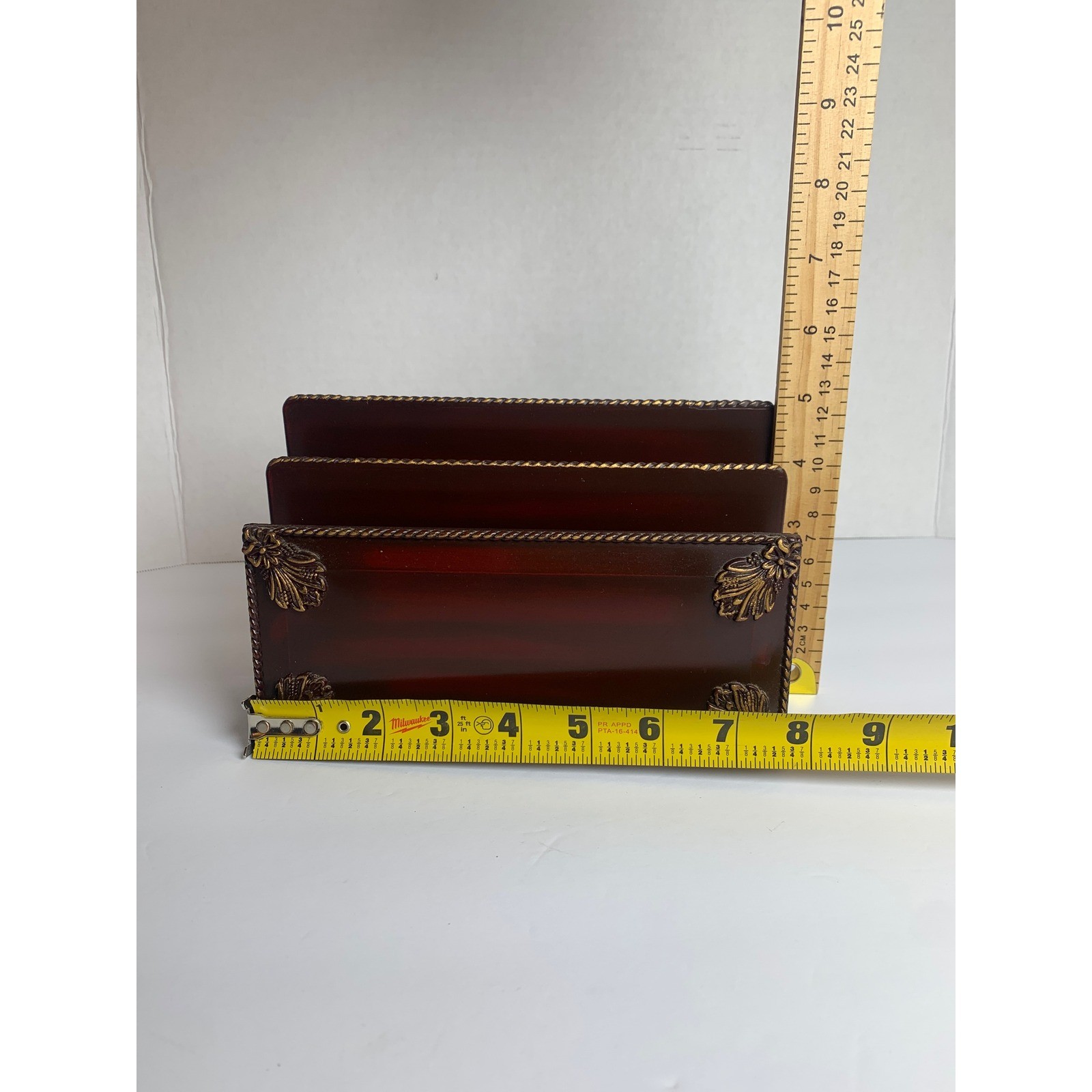 Vintage Mahogany Style Letter Organizer Gold Acanthus Leaf Desk Mail Sorter 8in