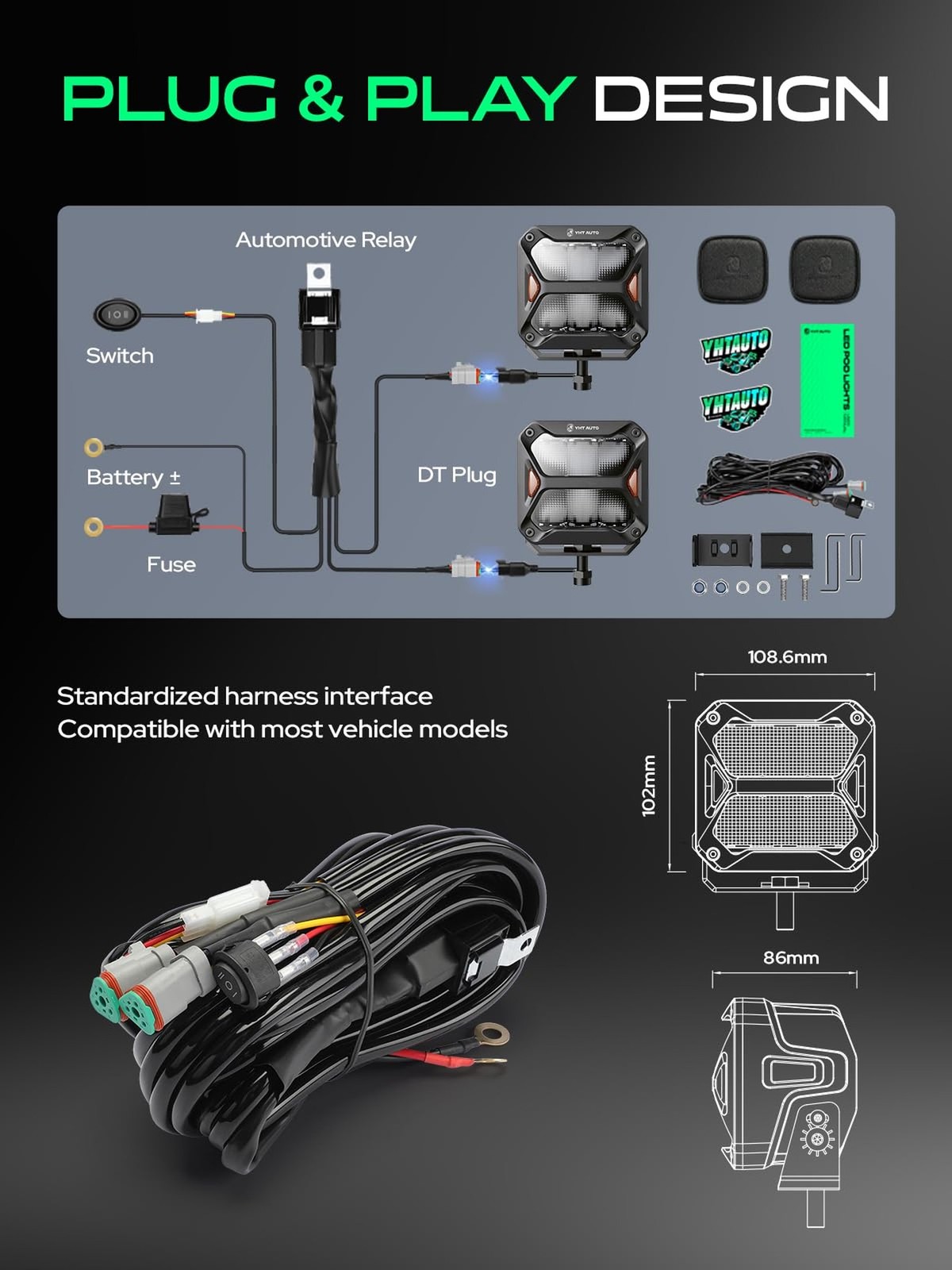 YHTAUTO 4 Inch LED Light Bars w/Wiring Harness & Light Cover 60W 7200LM 5700K…