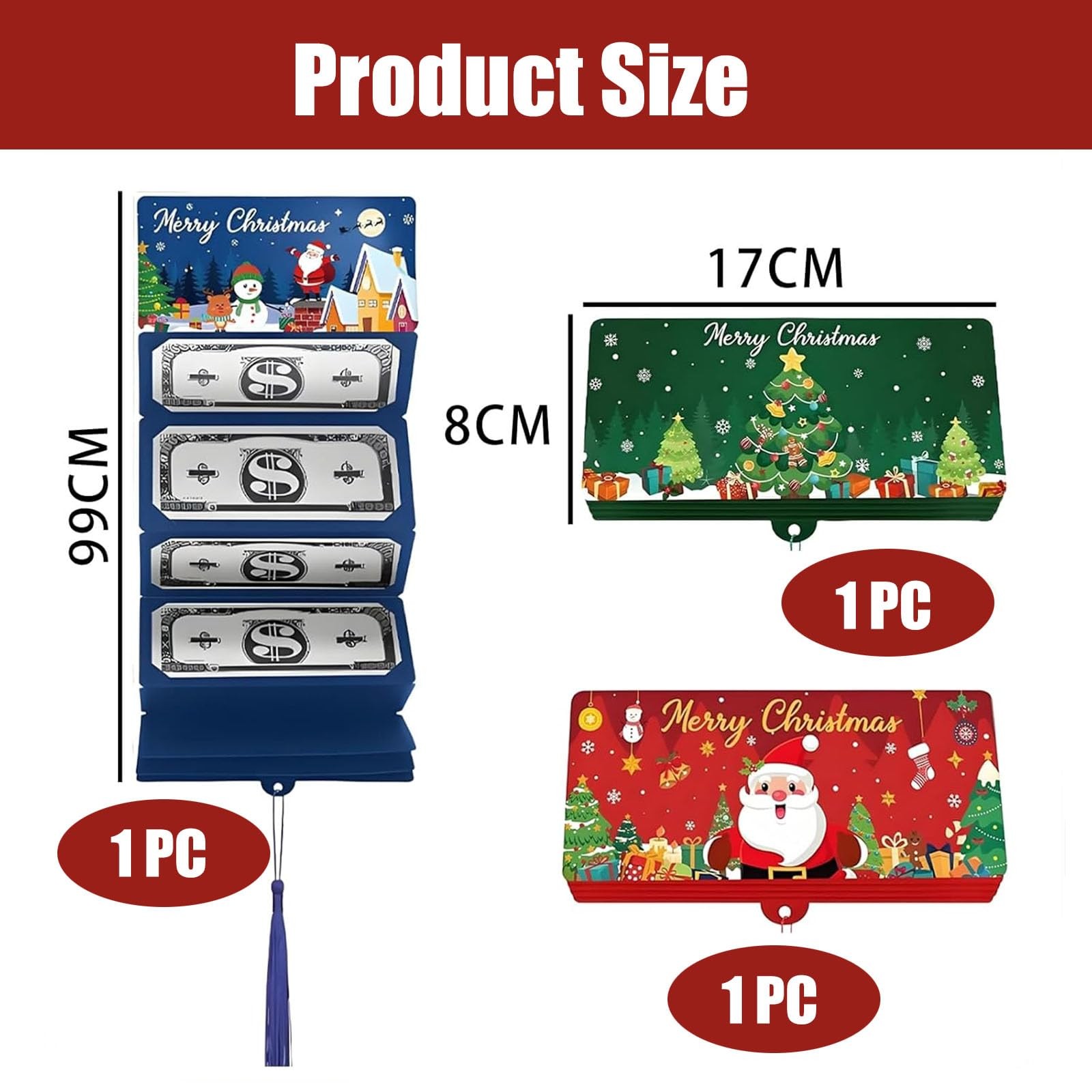 3PCS Christmas Cash Gift Envelope, 2026 New 6.69″ x 28.35″, Green+Red+Blue