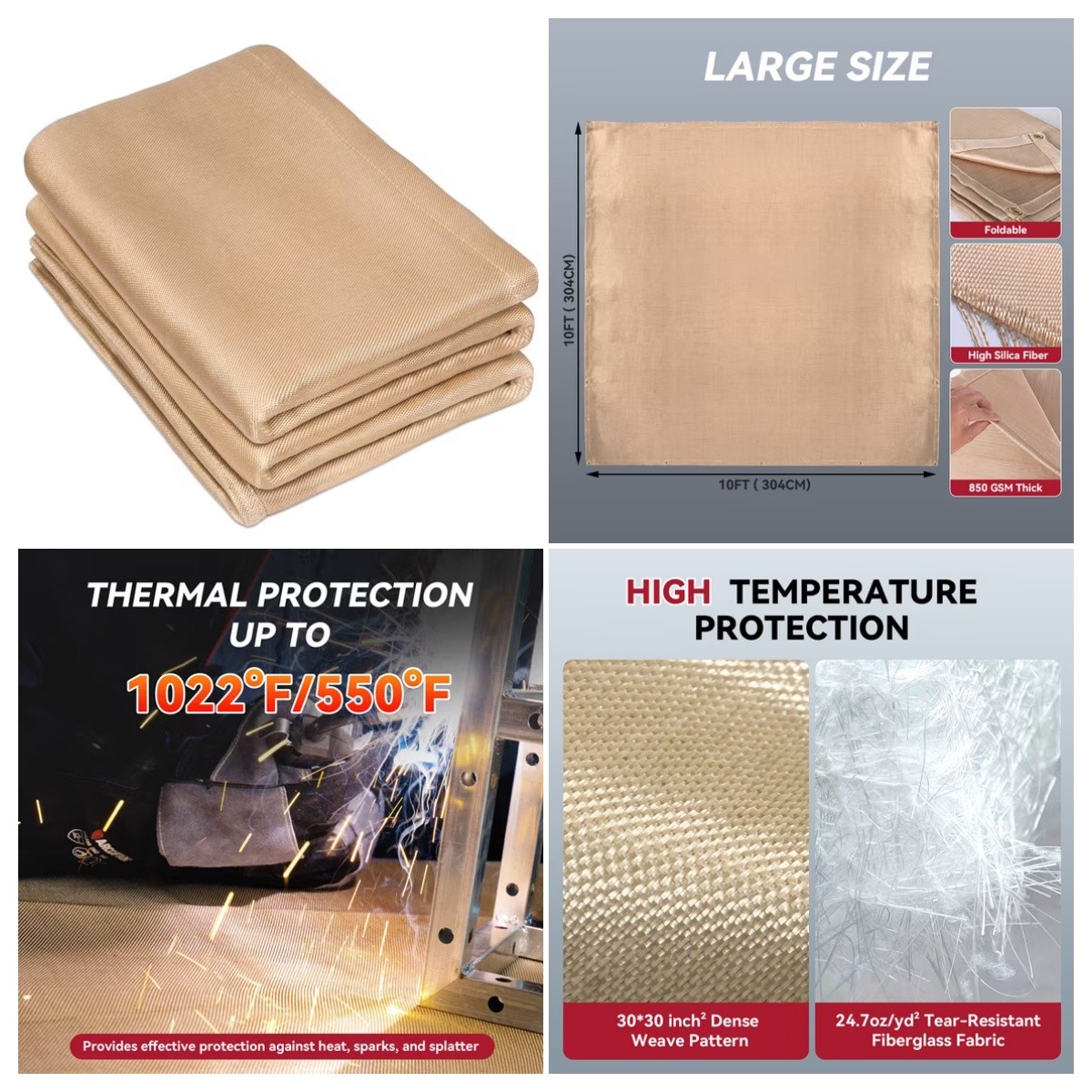 ARCCAPTAIN 10*10ft Welding Blanket 1022°F Heat Resistant Fireproof for Welding
