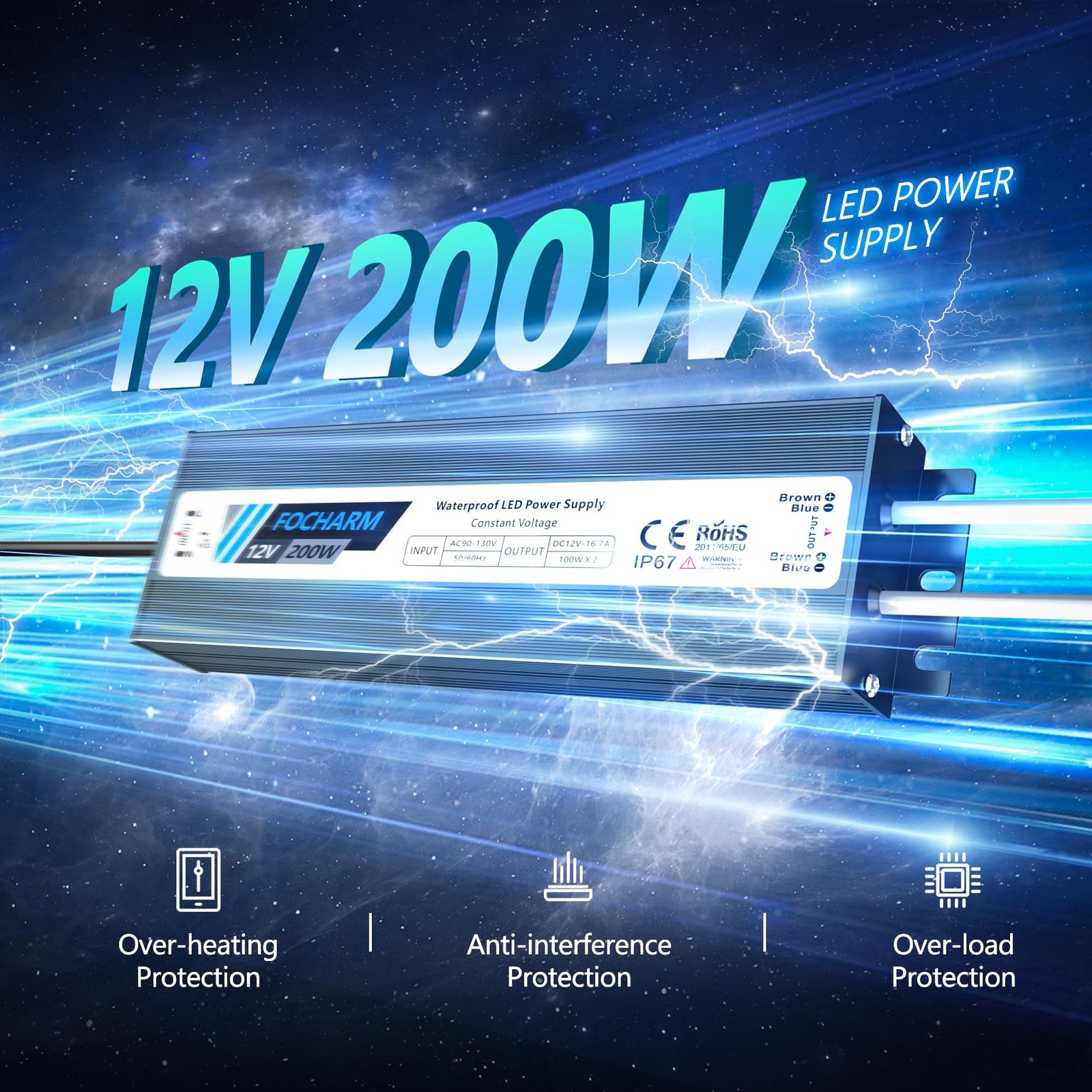 Waterproof LED-Driver Outdoor Transformer: DC12V 200W 16.7A – IP67 – AC 90-13…