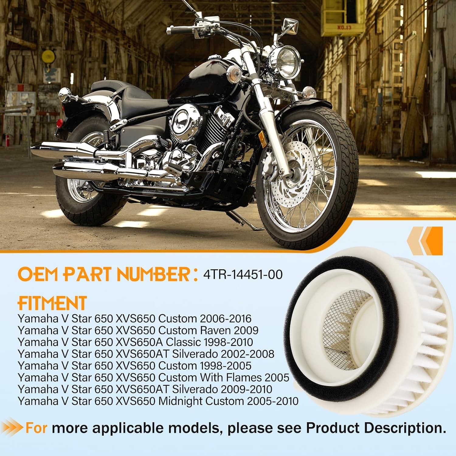 V Star 650 Air Filter 4TR-14451-00 Replacement for Yamaha V Star 650 XVS650 Cust
