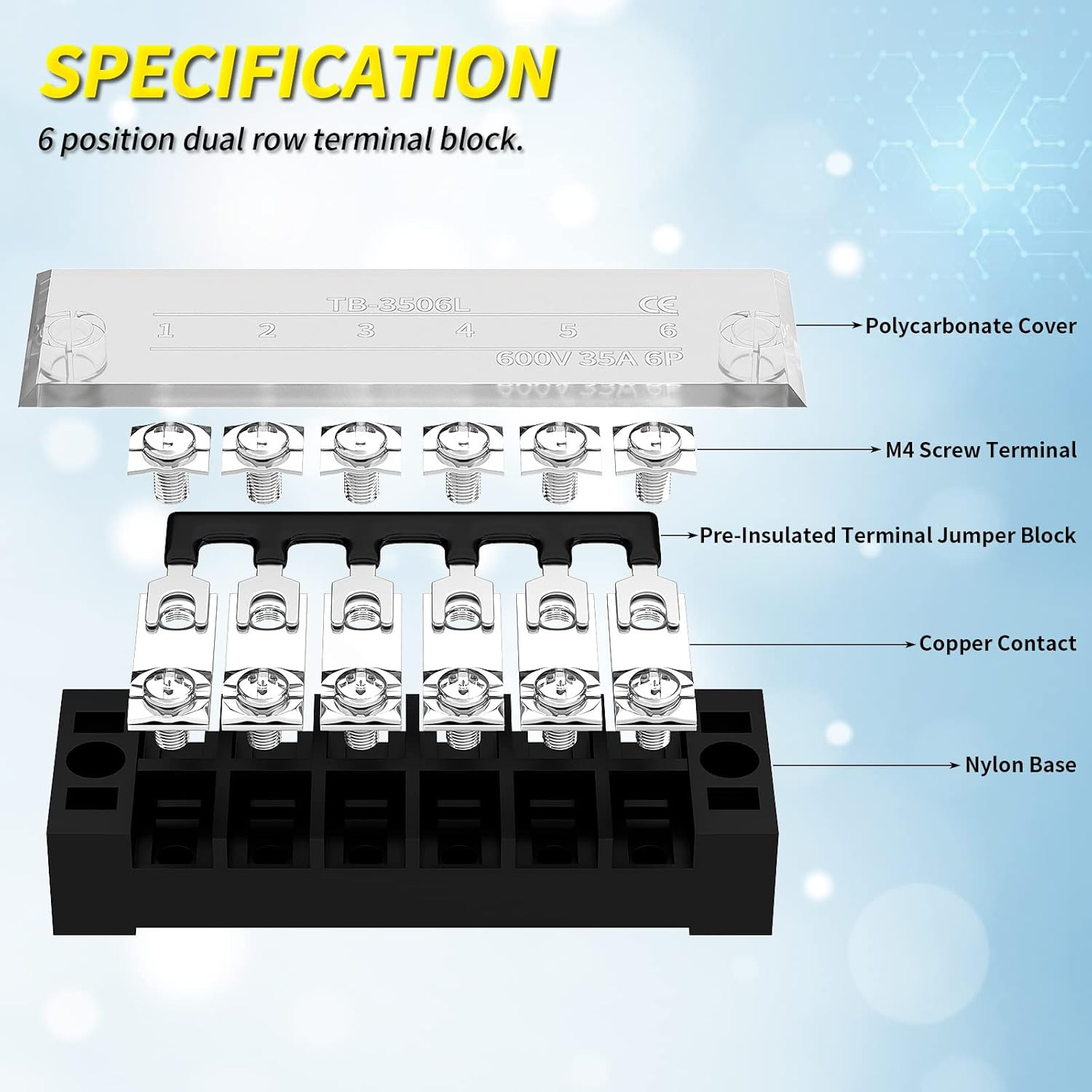 35A Terminal Block 6 Position Screw Terminal Strip Dual Row with Cover & 6 Posit