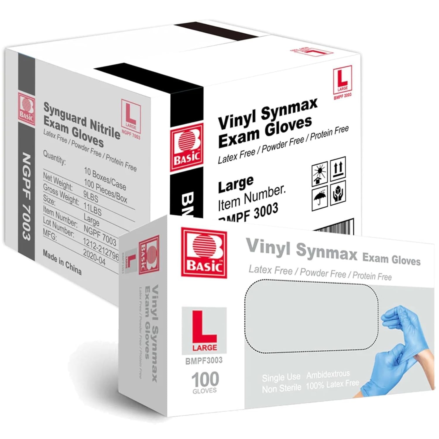 Basic Medical Synmax Vinyl Exam Gloves Latex-Free & Powder-Free Large