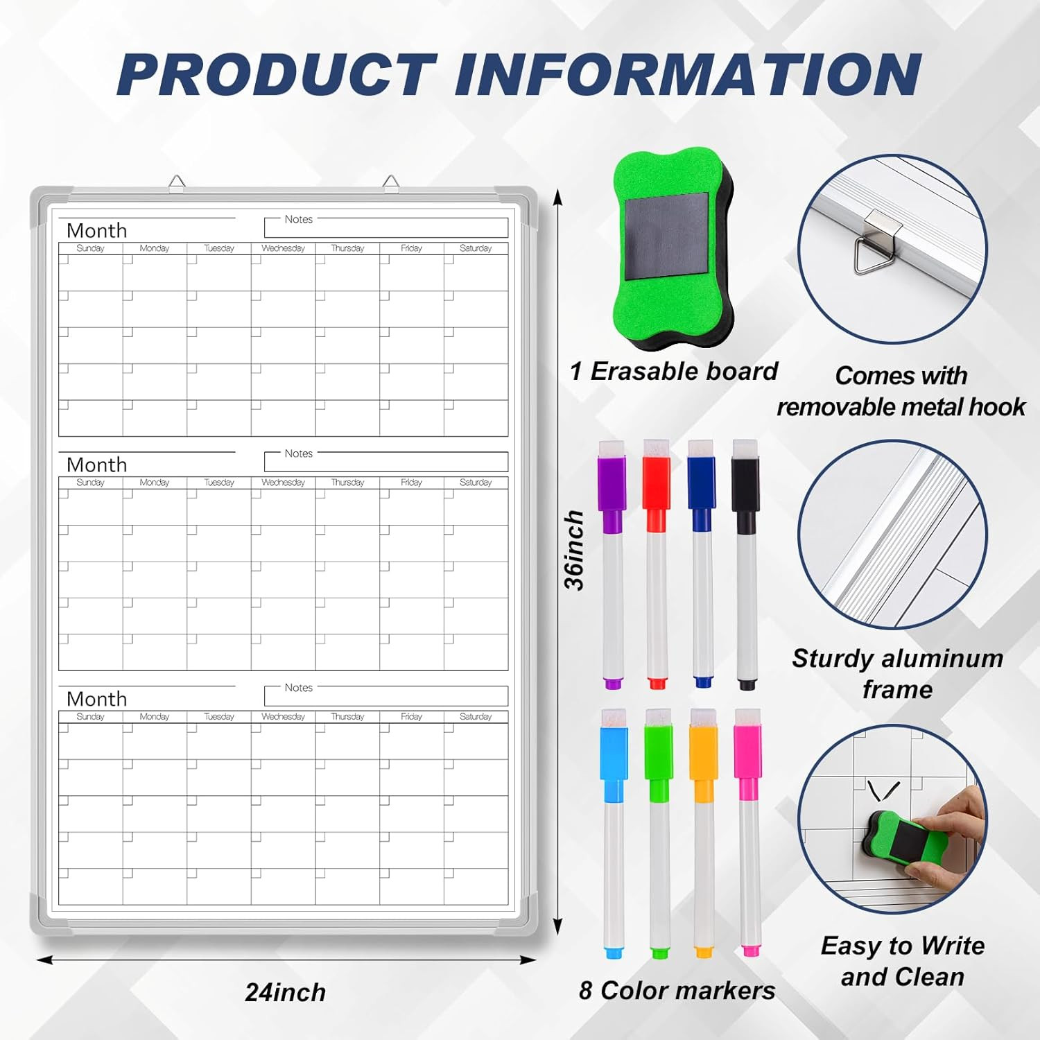 36″ x 24″ Magnetic Vertical 3 Month Dry Erase Calendar for Wall Undated Horiz…