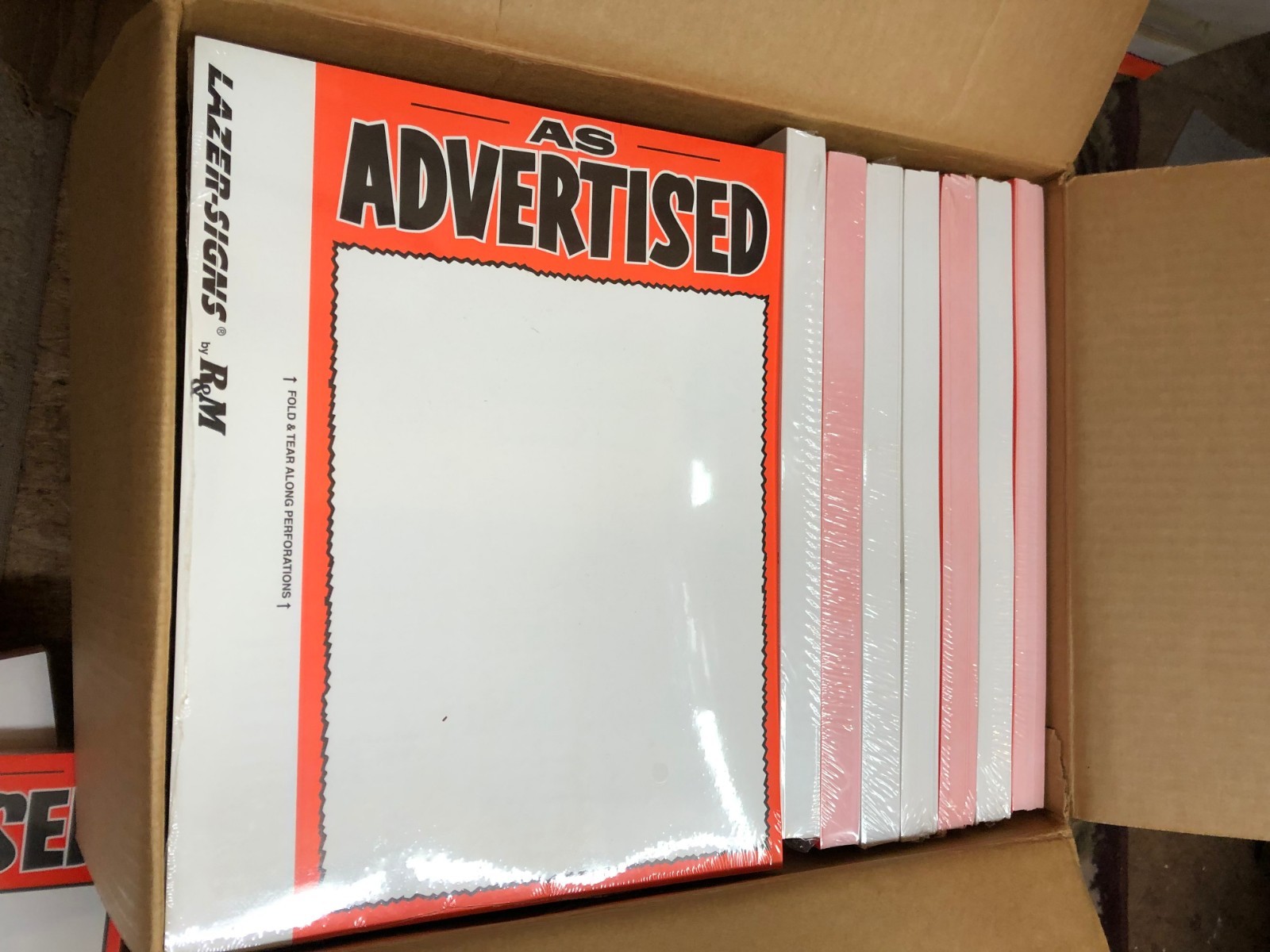 (CASE OF 18) – 100 Blank 7″ x 11″ As Advertised Business Retail Sale Sign Cards