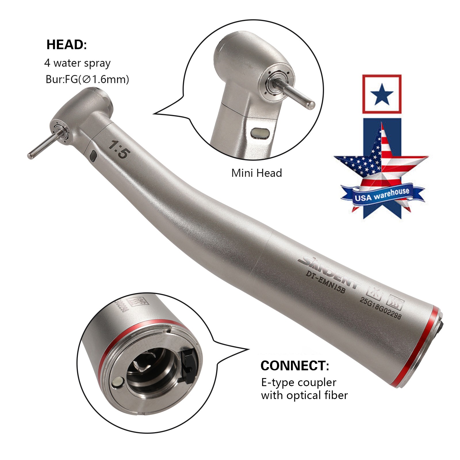 Dental 1:5 Contra Angle FG1.6mm LED Fiber Optic Handpiece MINI HEAD Inner