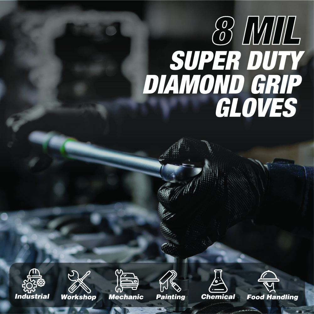 Heavy Duty Industrial Black Nitrile Gloves with Raised Diamond Texture, 8-mil