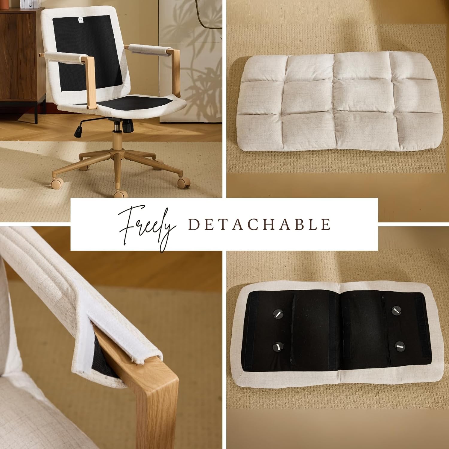 Comfy Linen Office Desk Chair with Wheels & Detachable Cushions & Wood-Like