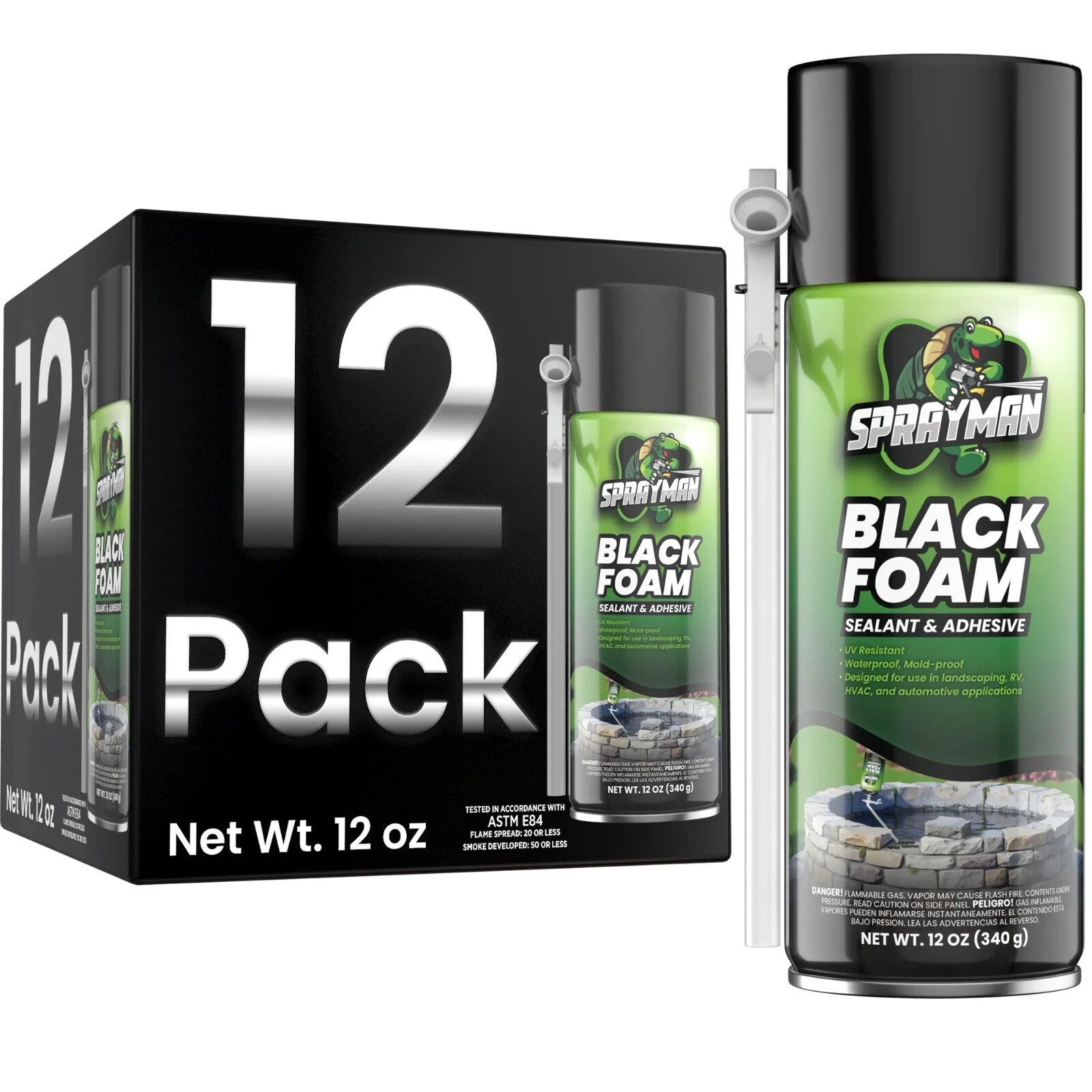 Sprayman Black Foam Sealant – Pond Waterfall Landscaping, 12oz 12 Pk – Straw Use