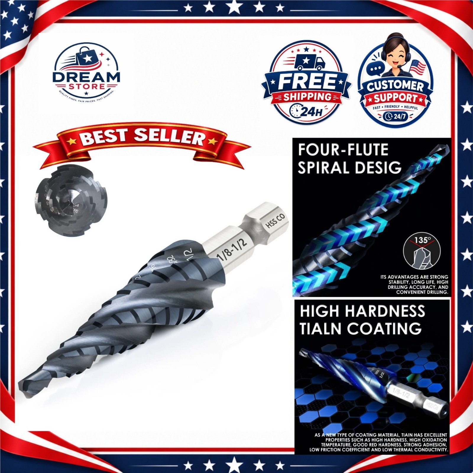 M35 Cobalt Step Drill Bit 1/8-1/2 TiAlN 1/4 Hex 4 Flute