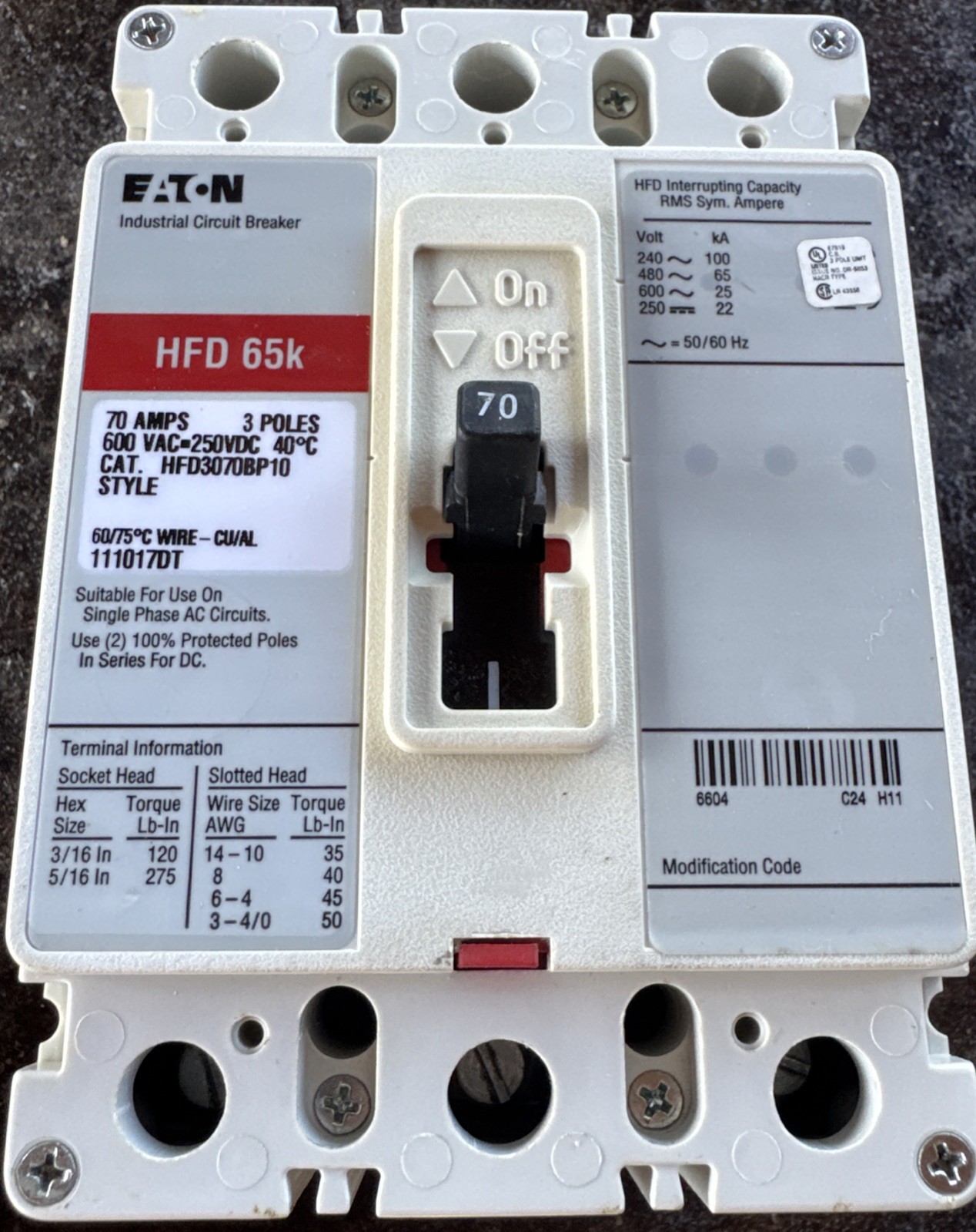 EATON HFD3070 70A 600V 3P 65kA@480V INDUSTRIAL CIRCUIT BREAKER