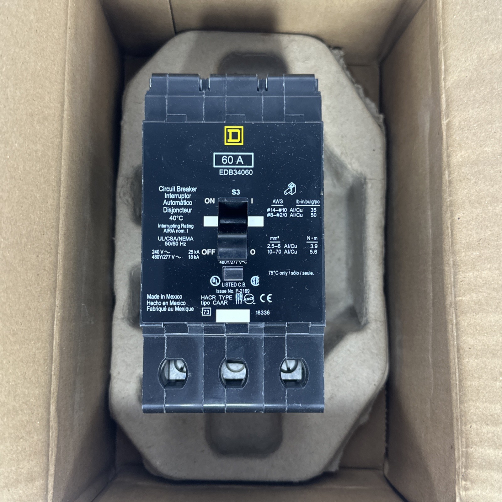 Square D EDB34060 60 Amp 480/277V 3 Pole Circuit Breaker-Warranty(New In Box)