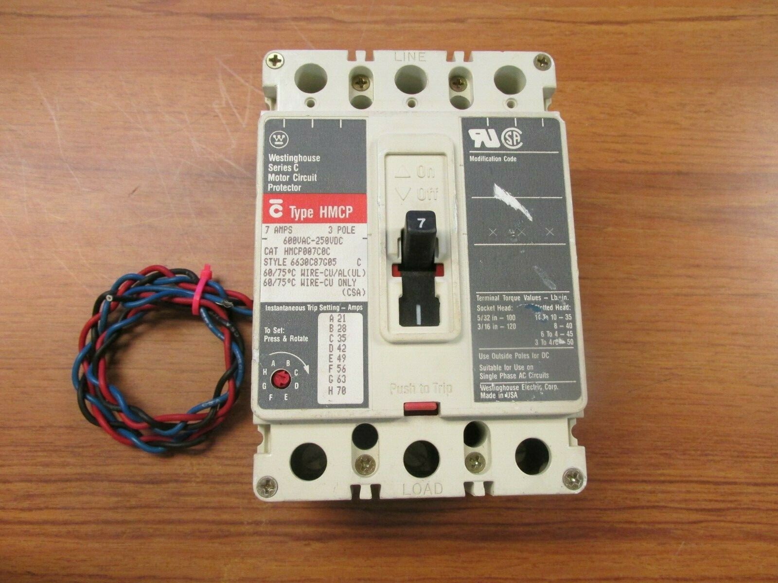 WESTINGHOUSE MOTOR CIRCUIT PROTECTOR 3 POLE 7 AMP HMCP007C0C… VA-135C