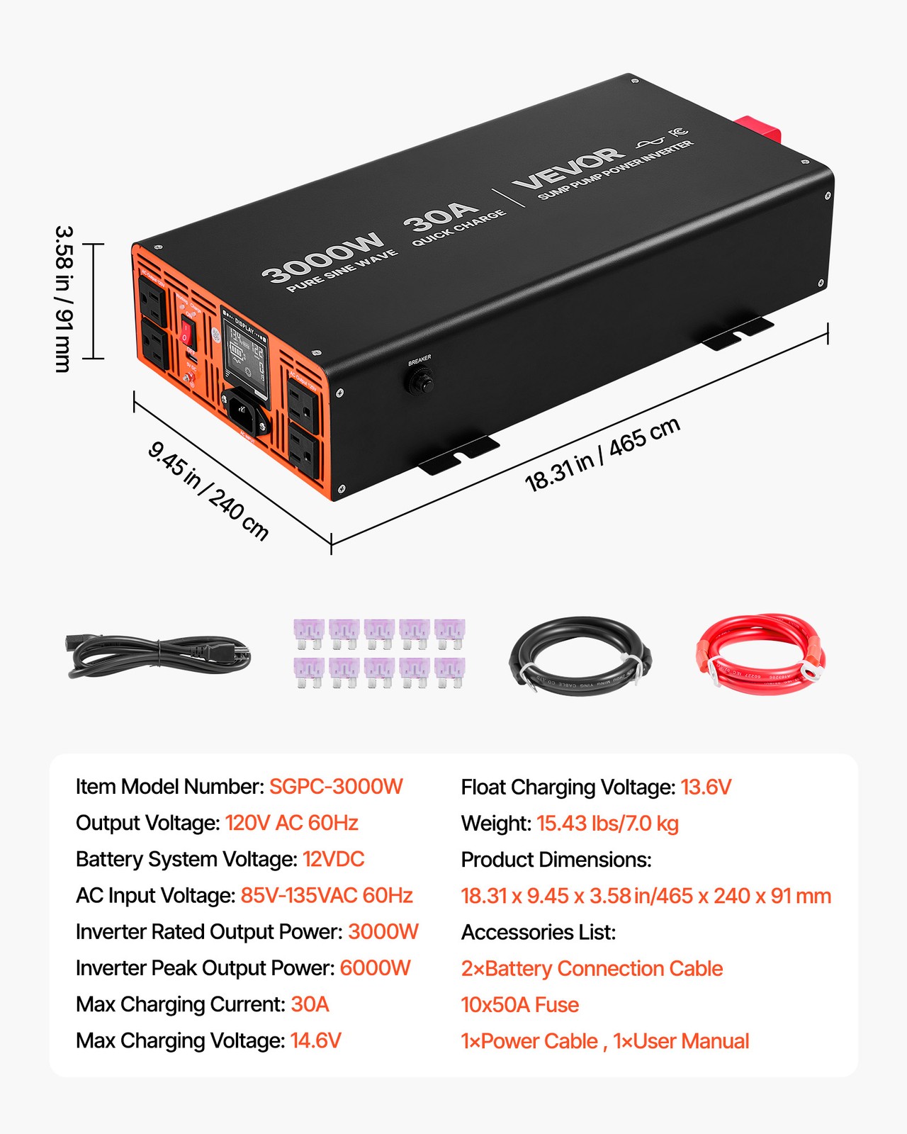 VEVOR 3000W Sump Pump Battery Backup System LCD Pure Sine Wave Power Inverter