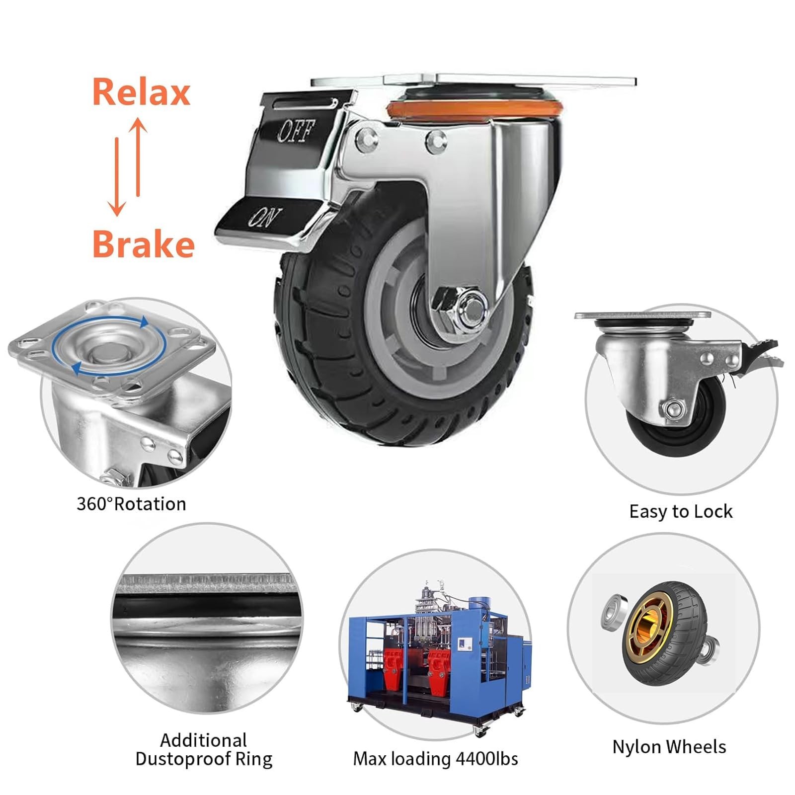4 Inch Heavy Duty Caster Wheels with Brake, 1320LBS(600KG) Total Load, 2 Fixe…