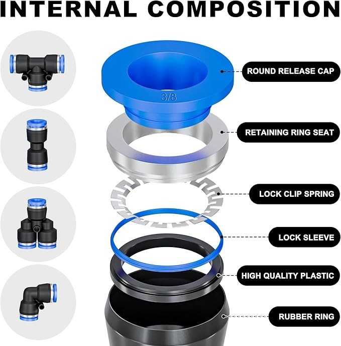 60 Pieces Push to Connect Fittings 1/8”, 1/4”, 3/8”, 1/2” for Air Line Tube, Qui