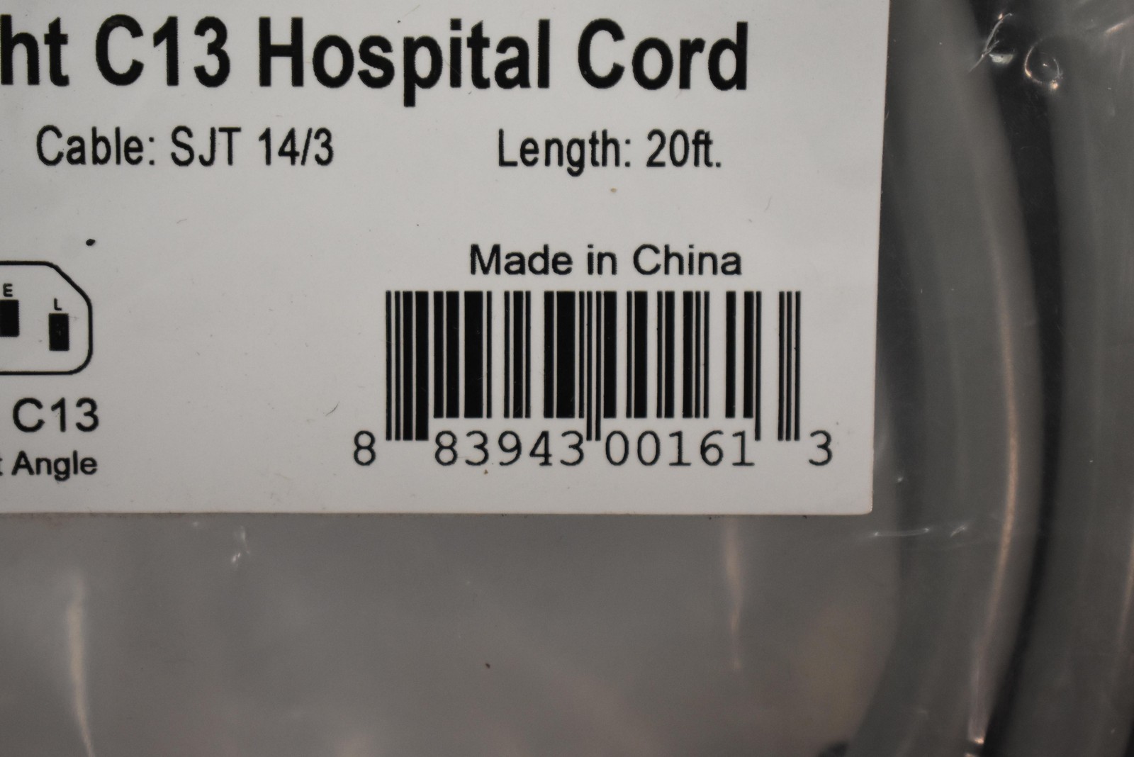 Conntek 5-15P To Right Angle IEC C13 Hospital Power Cord 20FT SJT 14/3 15A 125V