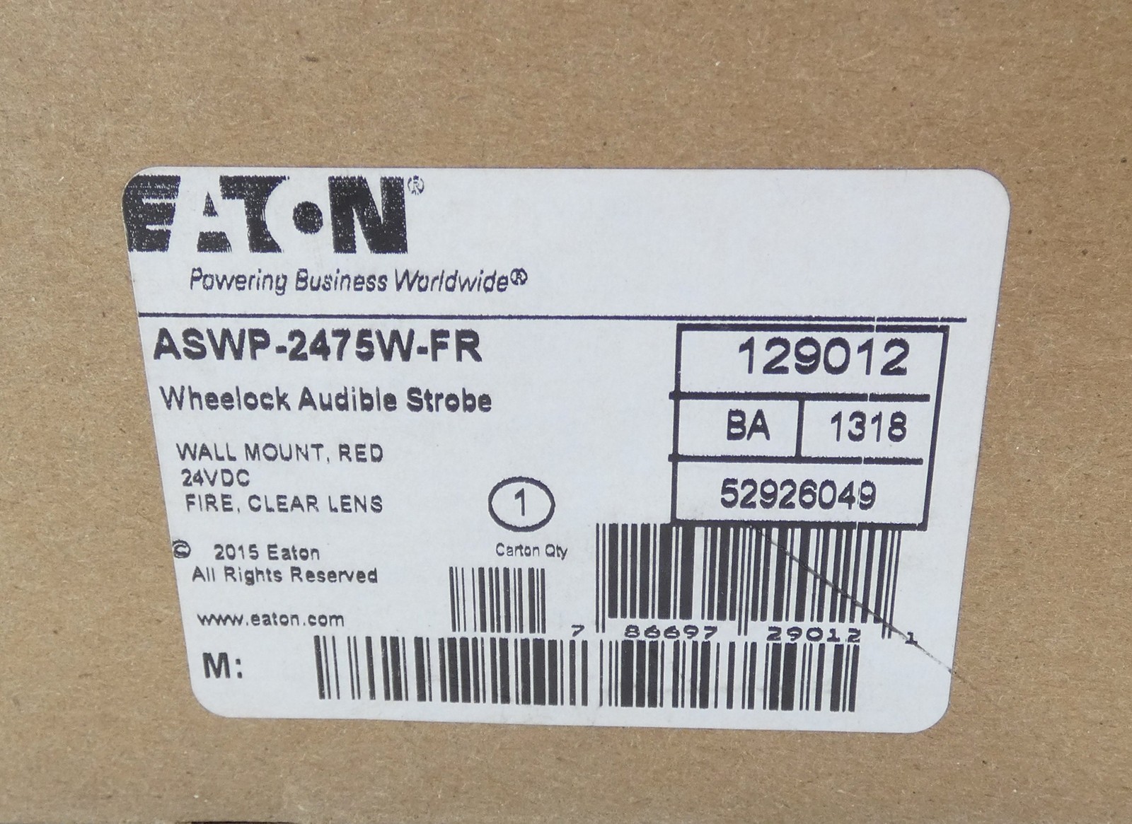 Eaton ASWP-2475W-FR Wall Mount Audible Horn Strobe Red Fire Alarm Wheelock 24…