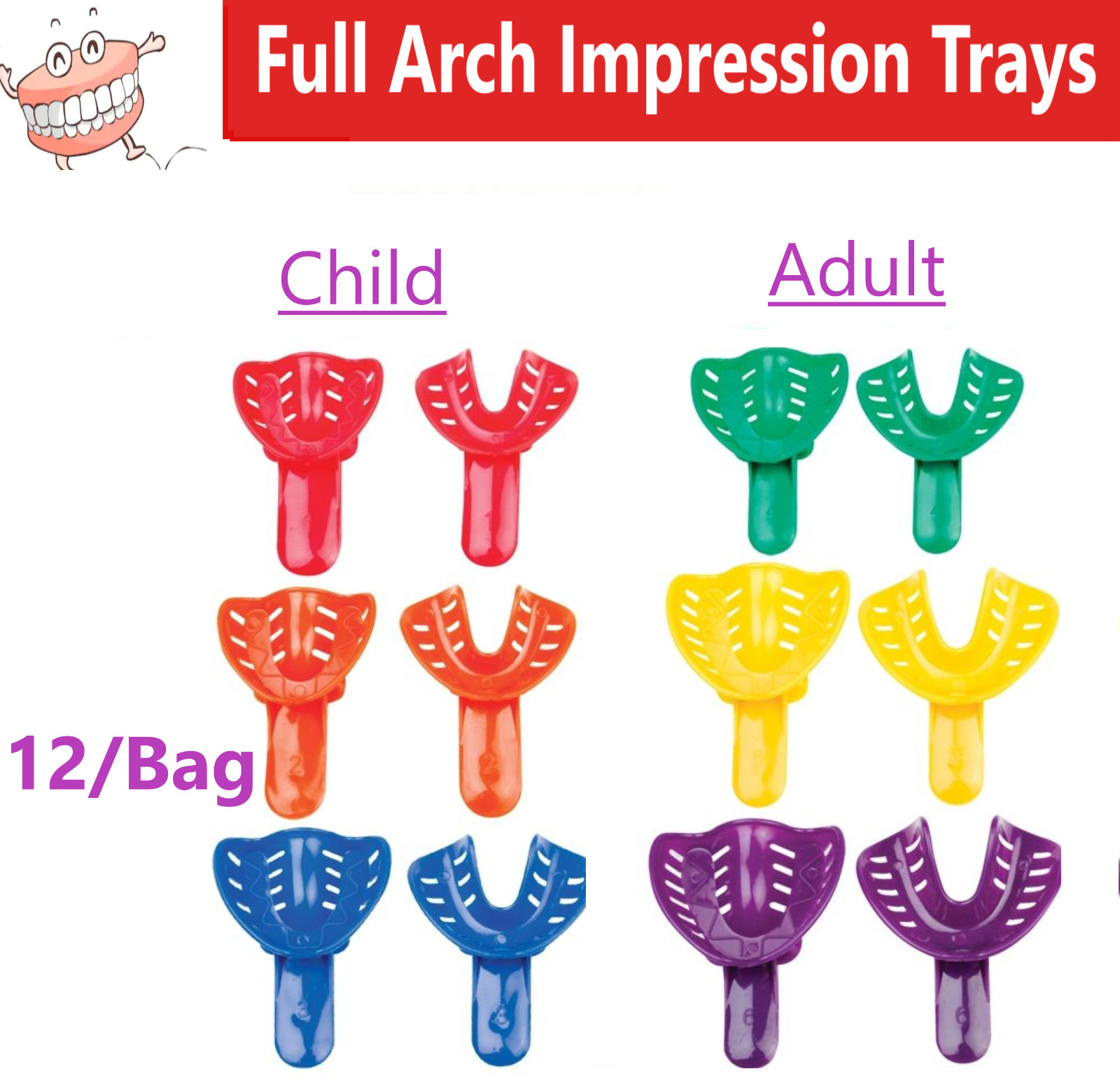 Dental Ortho Impression Trays, Pedo, Adult, XS, M, L, XL, Upper/Lower, 12/Bag