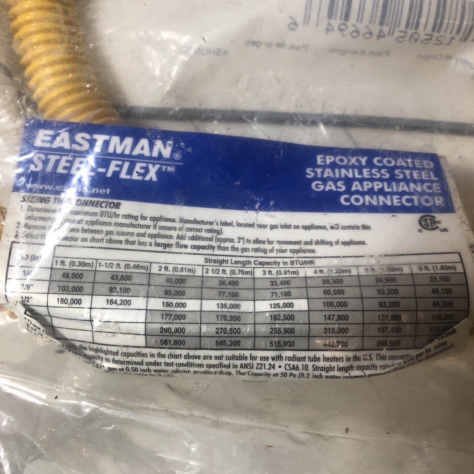 Smart Choice Eastman Steel-flex Gas Connector 30YE505048 4ft 5/8OD CTD 12x12m