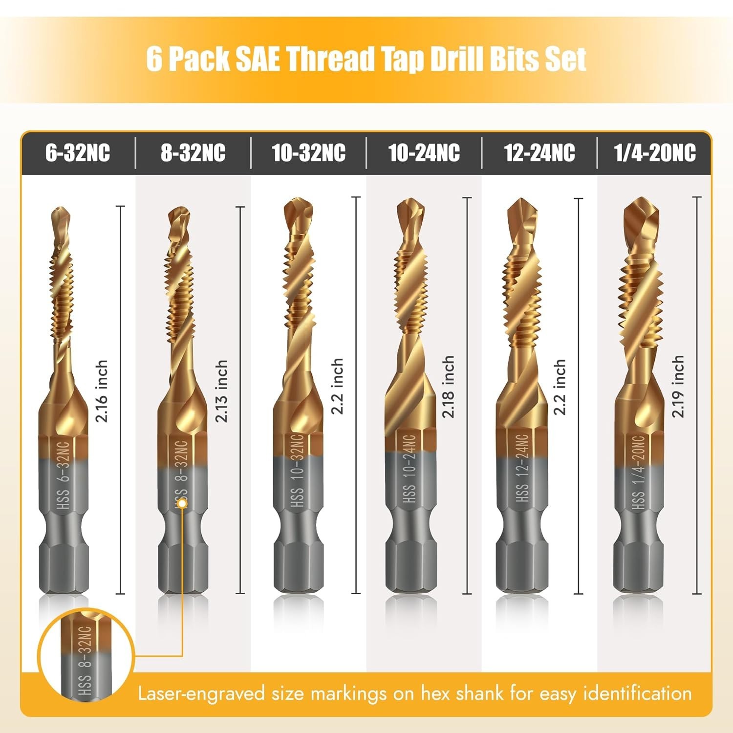 6 Drill Bit & Thread Tap HSS SAE 6-32Nc 8-32Nc 10-32Nc 10-24Nc 12-24Nc 1/4-20Nc.