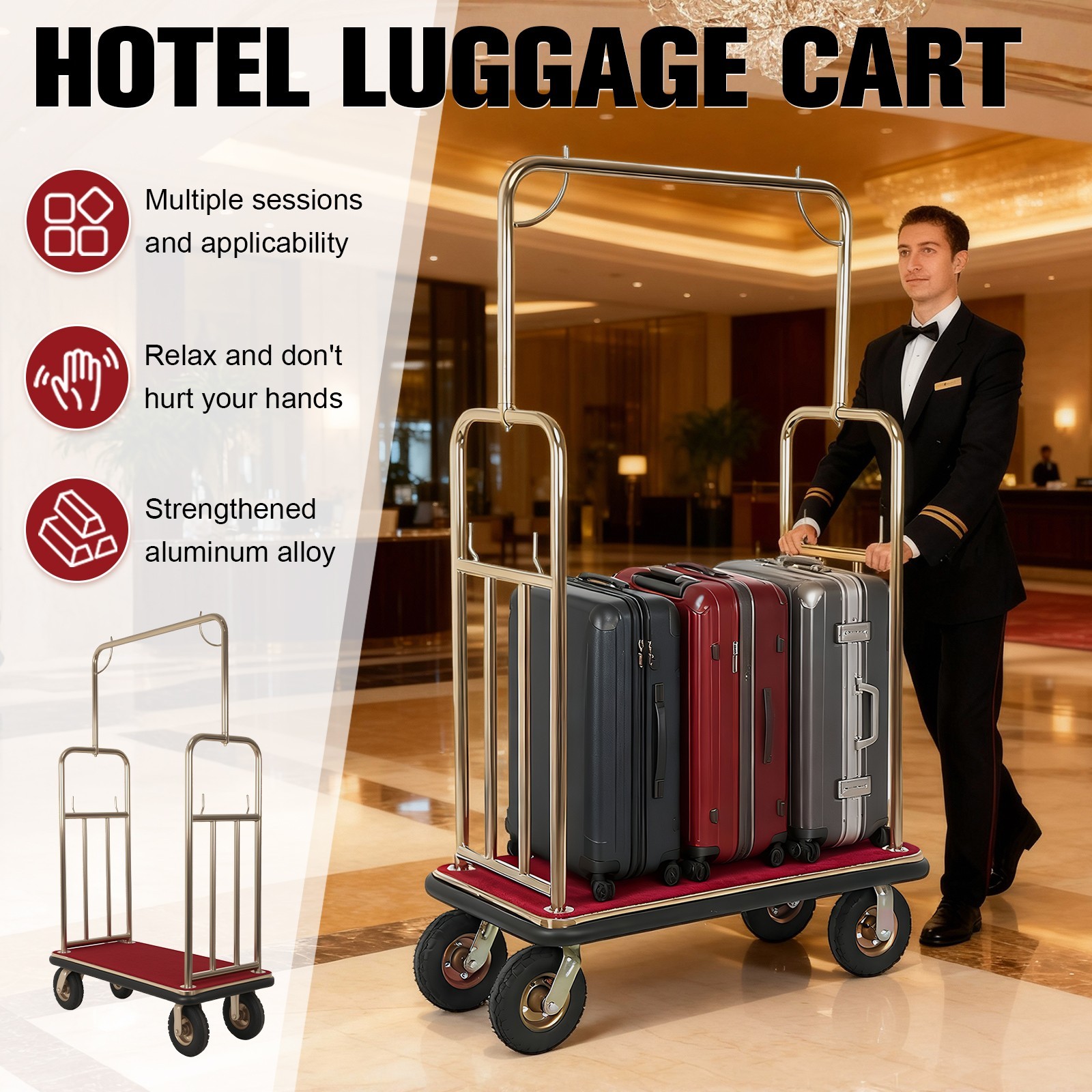 Hotel Luggage Cart 1200 lbs Capacity Stainless Steel Bellman Cart with 8″ Wheels
