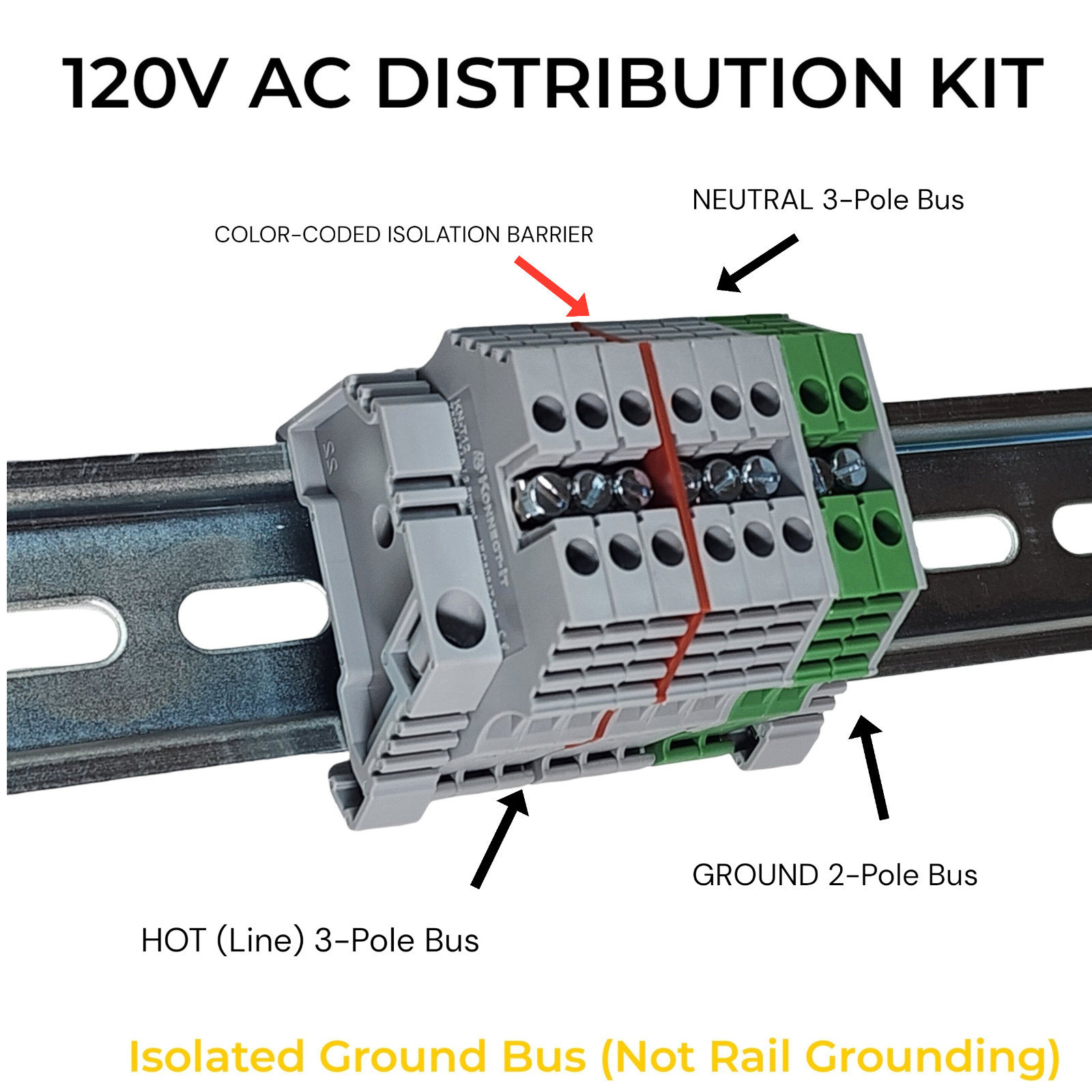 DIN Rail Power Distribution Terminal Block Kit 8-Pole 12-26 AWG 120V AC 20A CNC