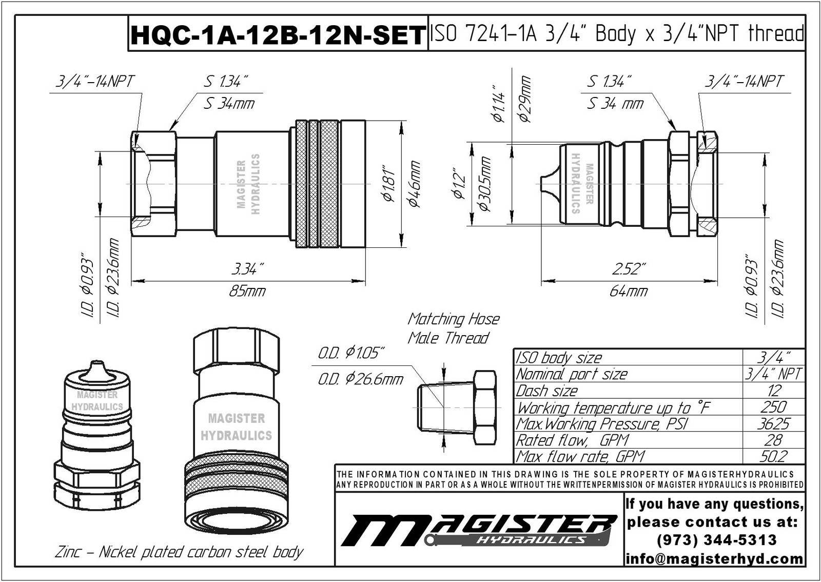 3/4″ ISO 7241-A Quick Disconnect Hydraulic Couplers Set – 3/4″ NPT Thread