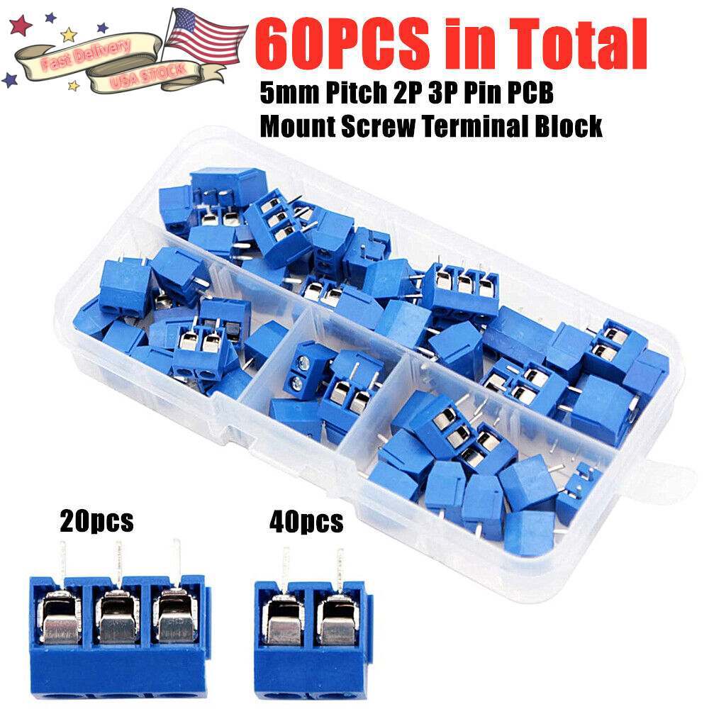 60Pcs Blue KF301-2P/3P PCB Mount Screw Terminal Block Connector 2/3Pin 5mm Pitch