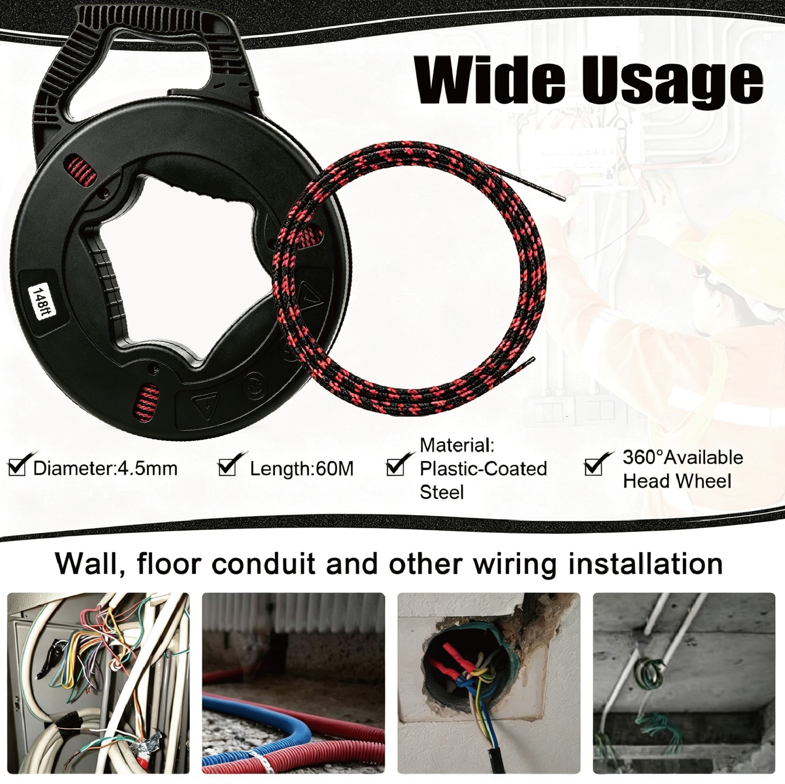 148Ft x4MM Glassfiber Fish-shaped Wire For Pulling Wire & Cable with 7 Adapters