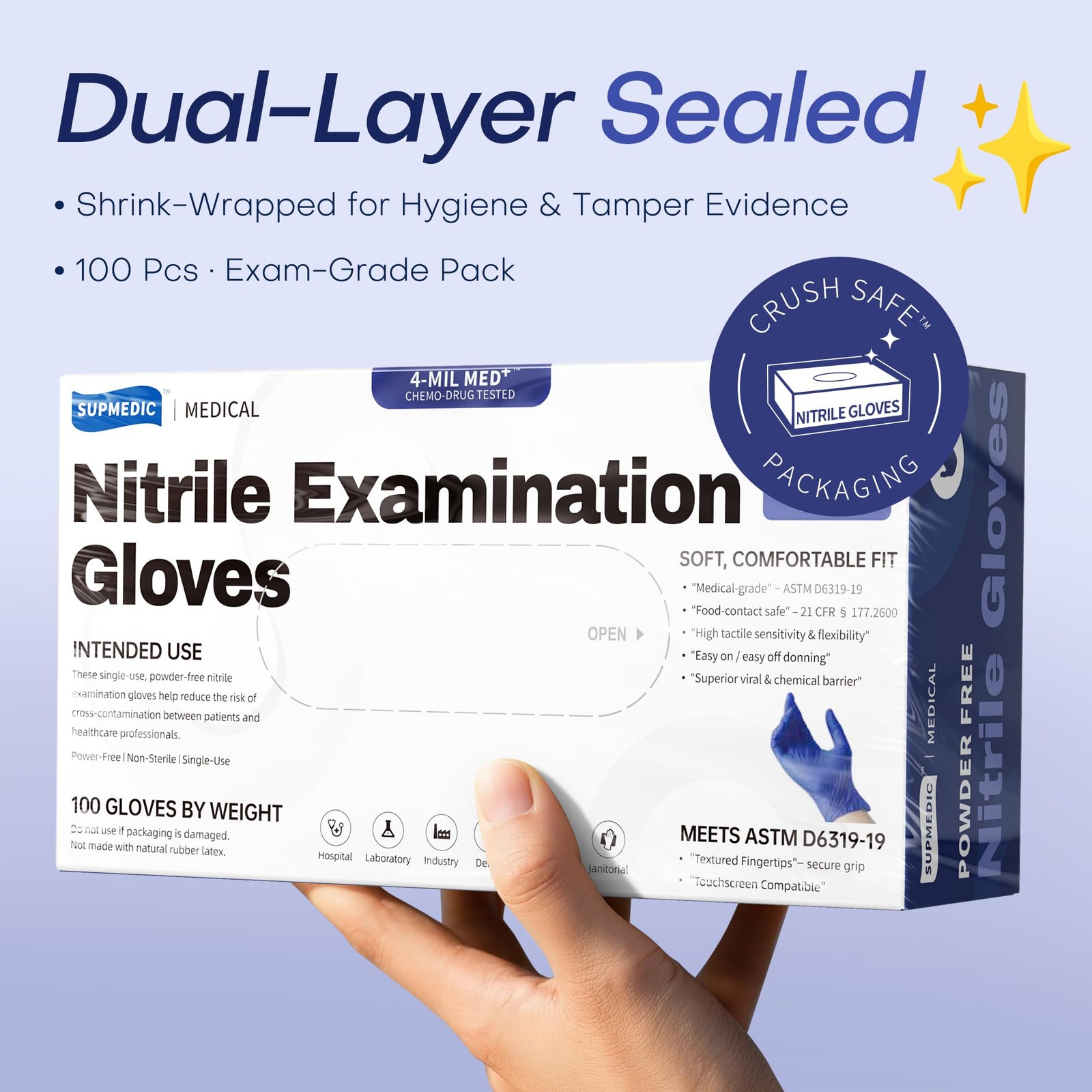 Supmedic Nitrile Exam Gloves, 4 Mil Med+ Medium, Medium (Blue Violet)