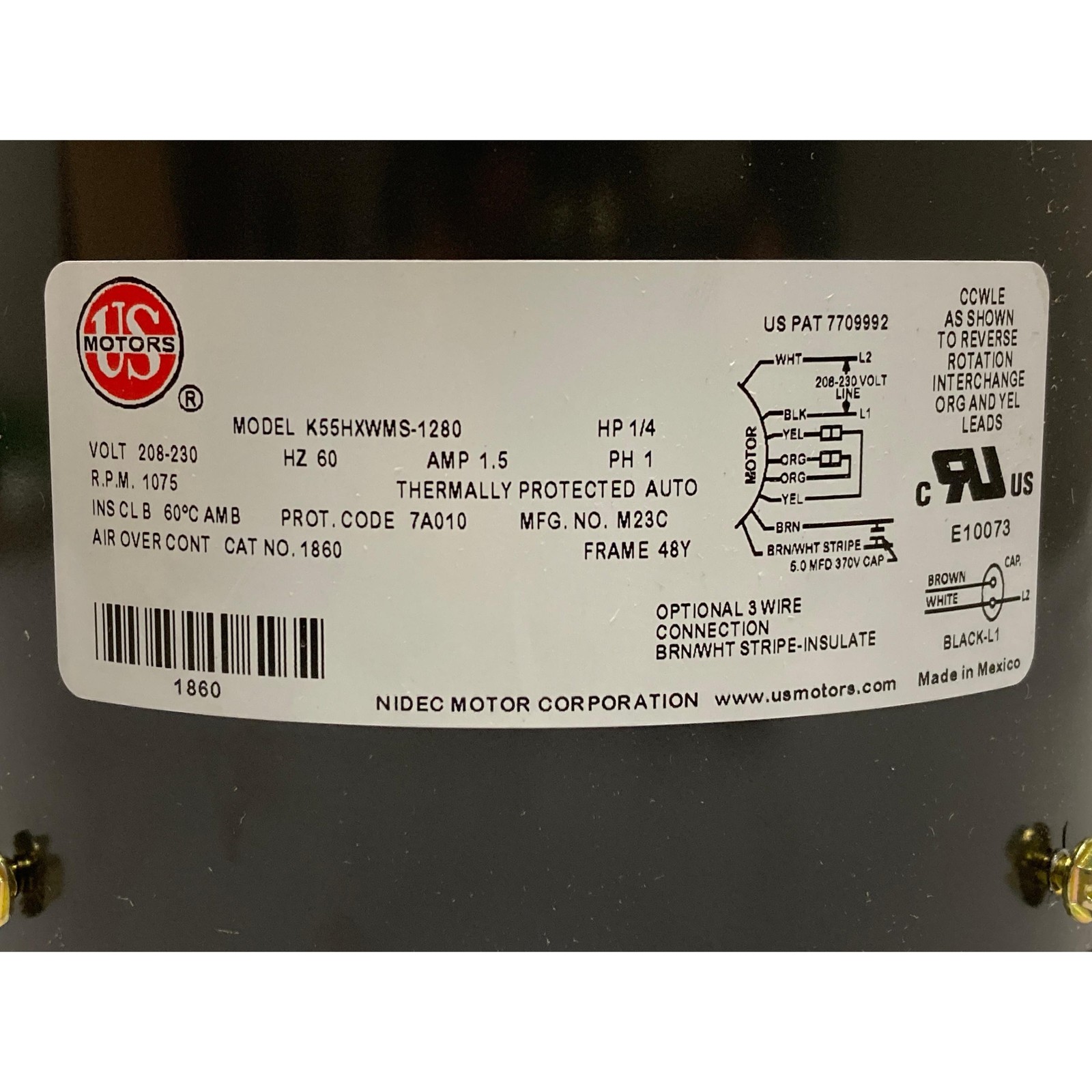 US Motors 1860 Outdoor Condenser Fan Motor 1/4HP 1075 rpm, 6 poles, 1 shaft, TEA