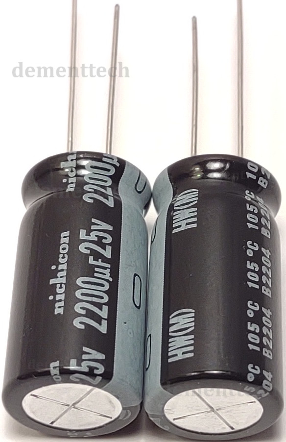 2x Nichicon HW 2200uF 25V High Endurance Low-ESR 105C radial capacitor 12.5x25mm
