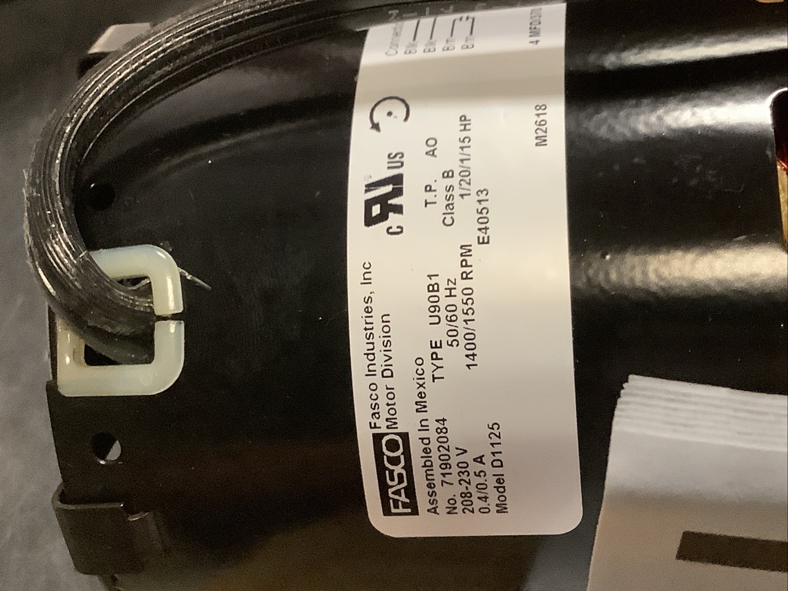 Fasco D1125 Motor, 1/20/1/15HP, 208-230V, 50/60Hz, 1440/1550RPM, Type:U90B1