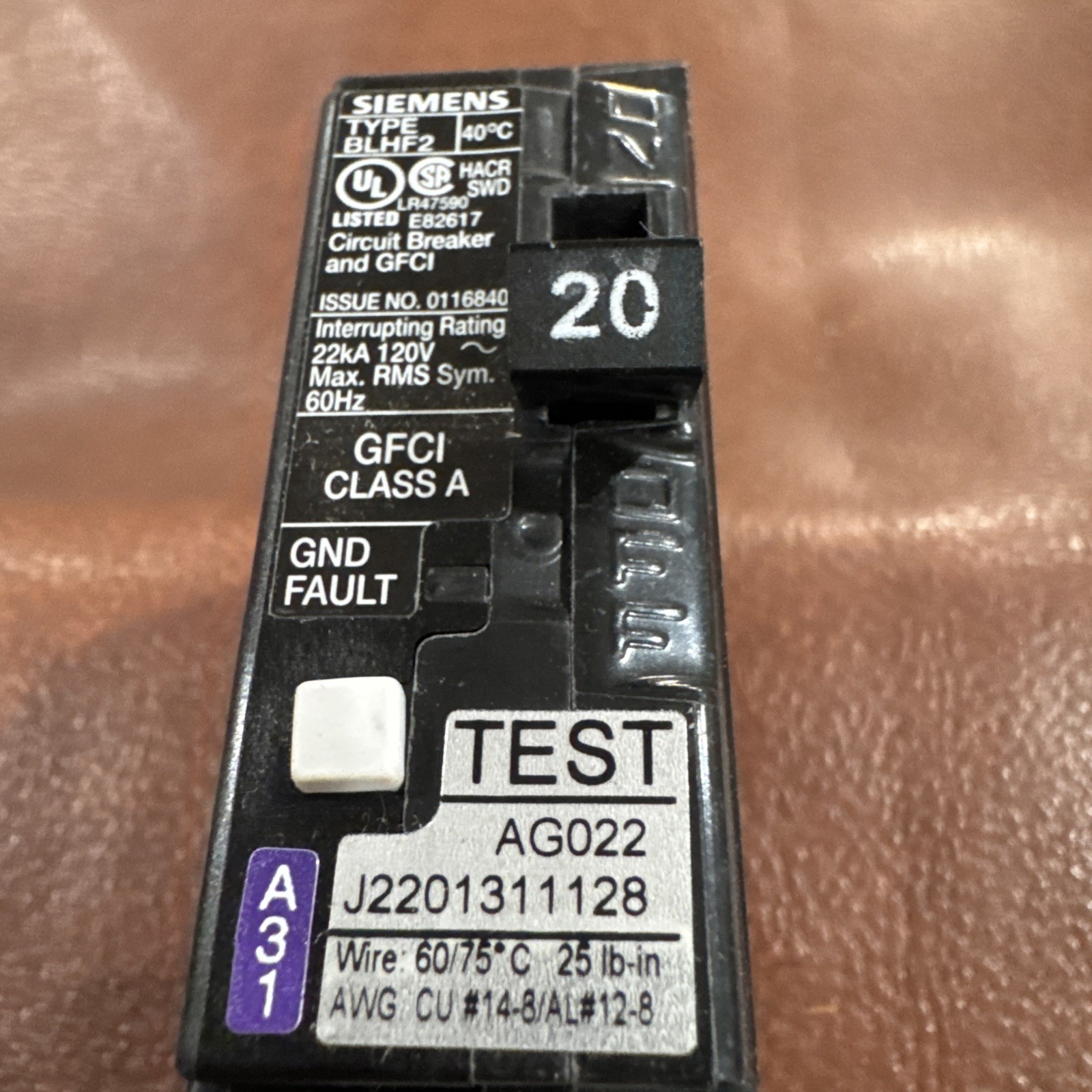 SIEMENS BF120AH 20A GFCI BOLT ON BREAKER PIGTAIL WIRE TYPE BLHF2 NEW PANEL PULL