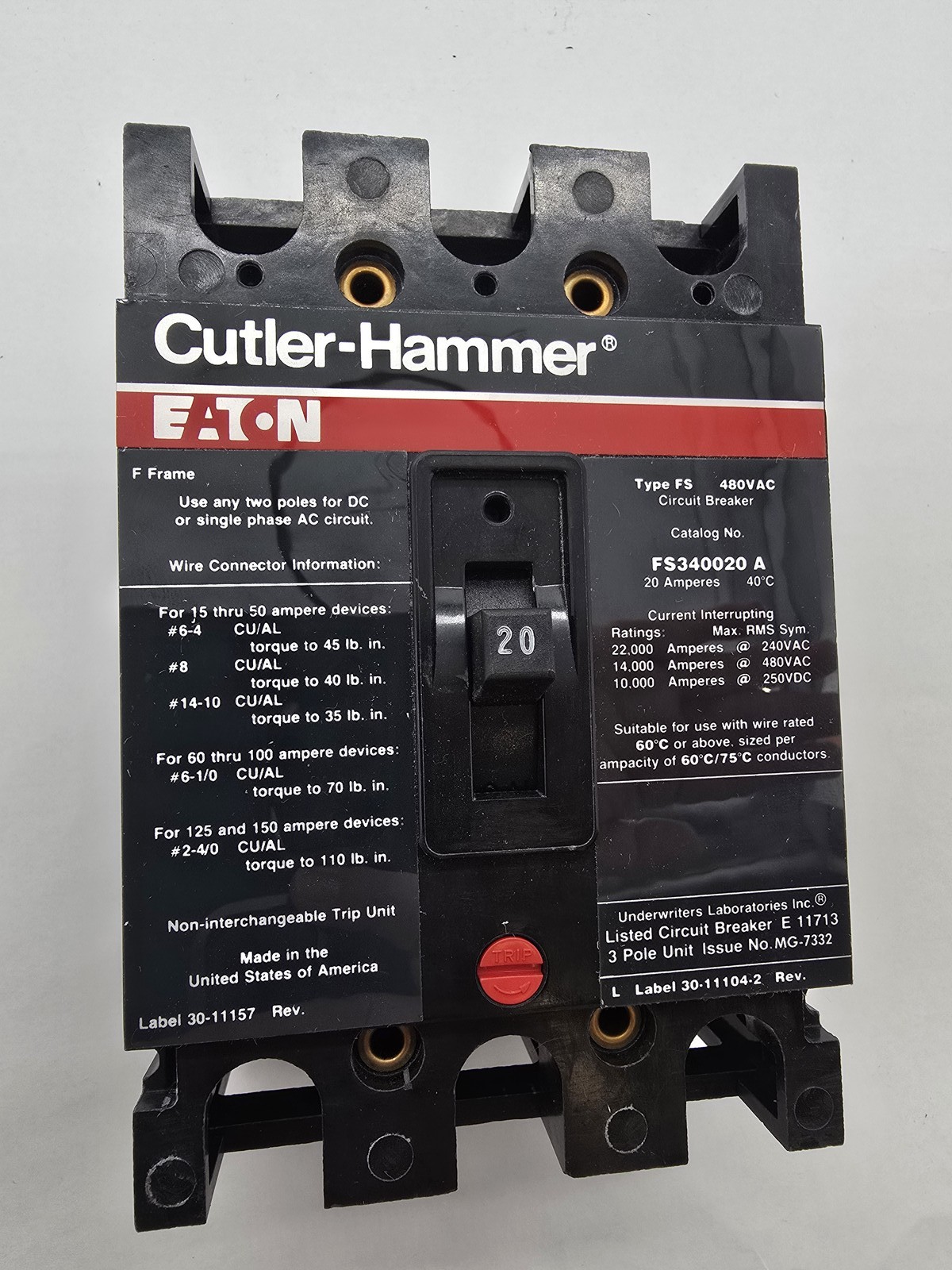 Cutler-Hammer FS340020A Bolt-On Circuit Breaker 20A 3P 3PH 480V 14KA FS