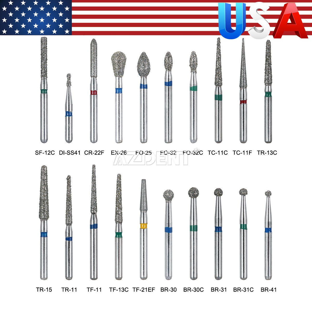 100Pcs AZDENT Dental Diamond Burs Kit For High Speed Handpiece Medium FG 1.6MM