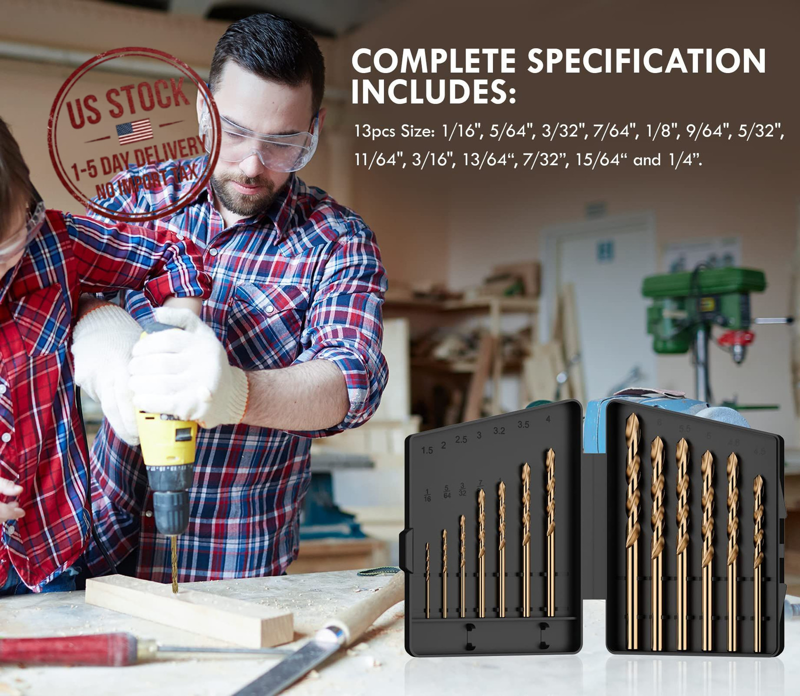 Cobalt Drill Bit Set 13Pcs M35 HSS Jobber Length Drill Bits Metal Wood 1/16-1/4