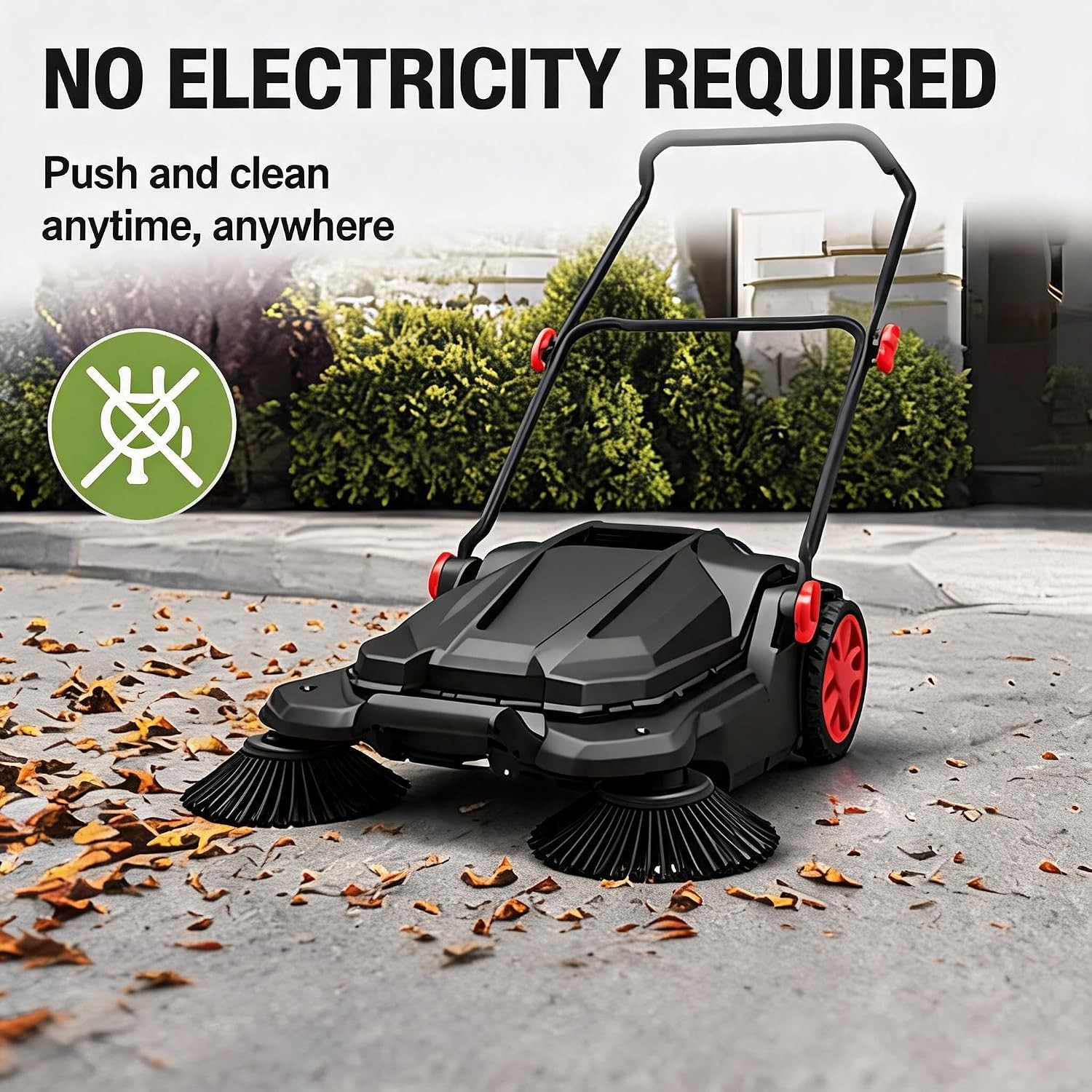 Walk-Behind Push Sweeper W/ Dual Brushes No Electricity for Patio Sidewalk Shop