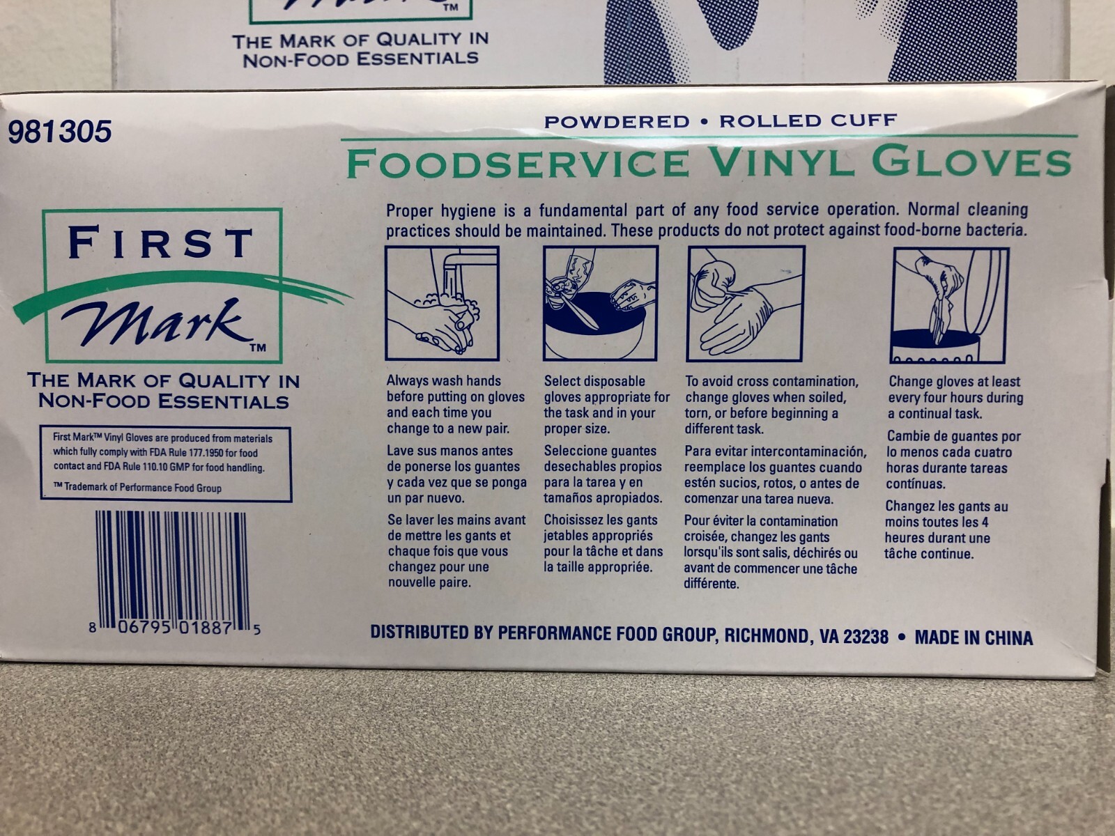 First Mark 981305 Powdered Rolled Cuff Food safe vinyl gloves 4 boxes of 100 LG
