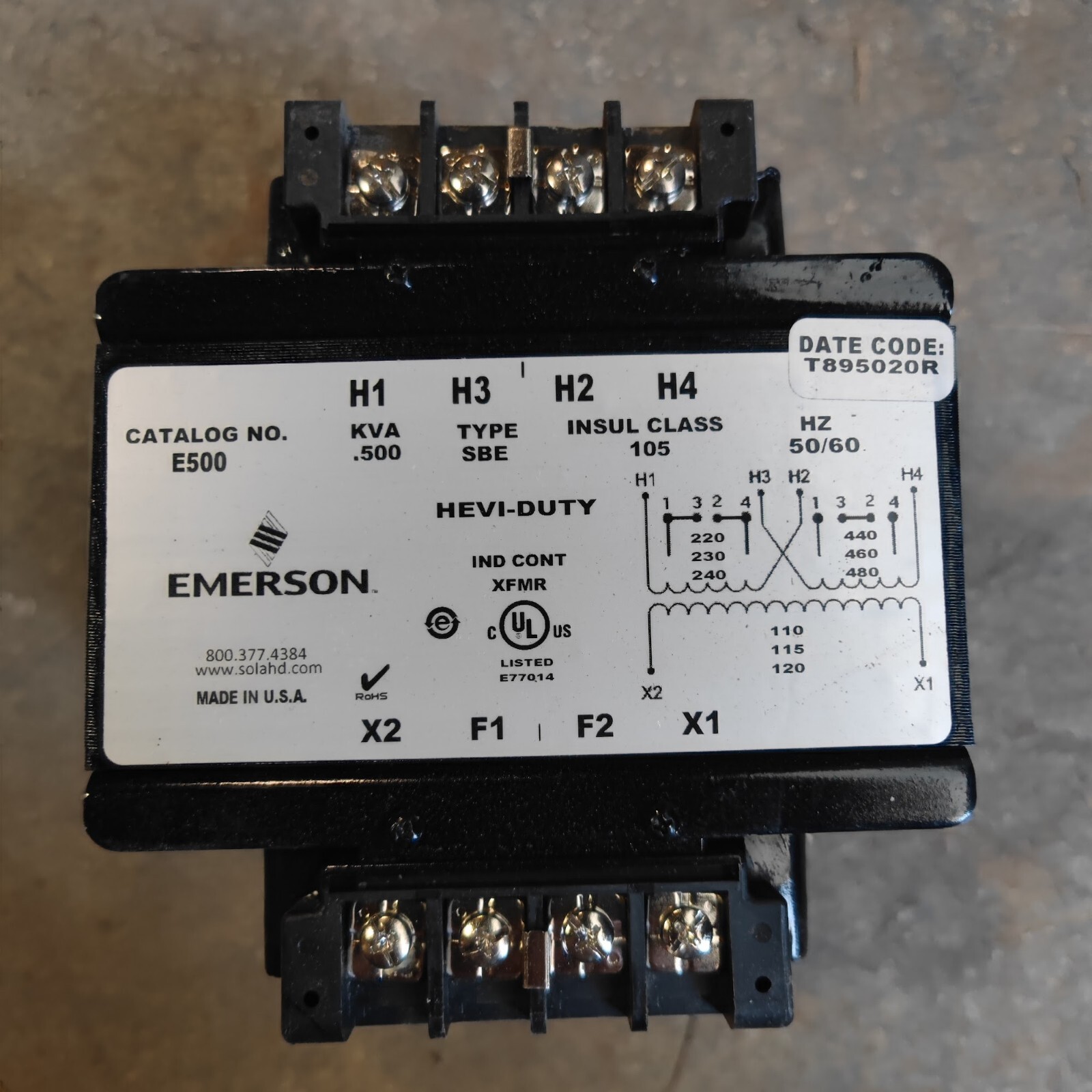 Emerson SolaHD E500 SBE Control Transformer, 240/480 VAC / 120VAC 0.5 kVA (BH)