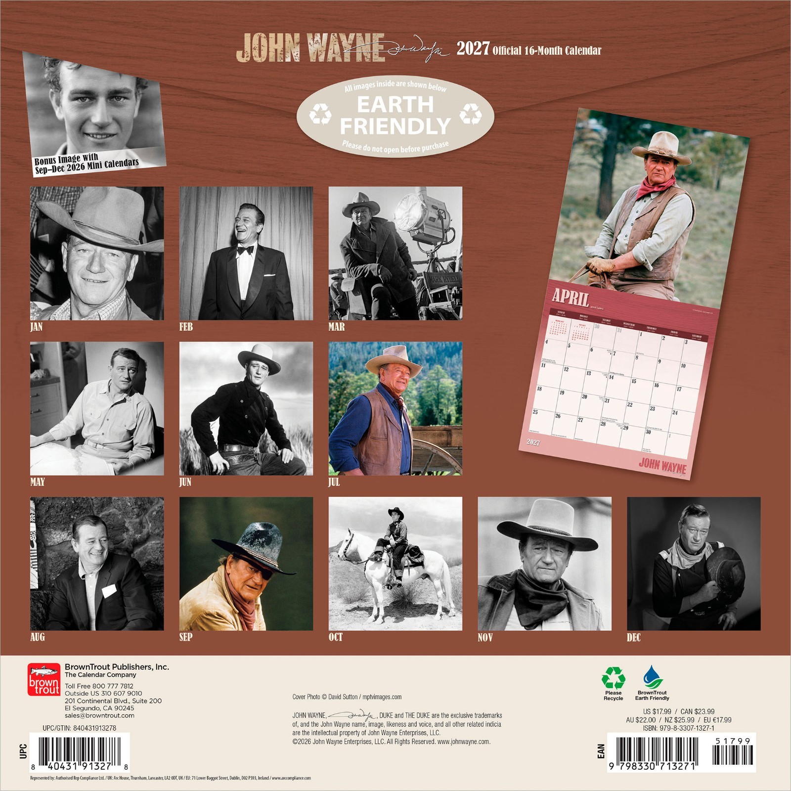 John Wayne OFFICIAL | 2027 12×24″ (Hanging) Wall Calendar | Foil Stamped Cover