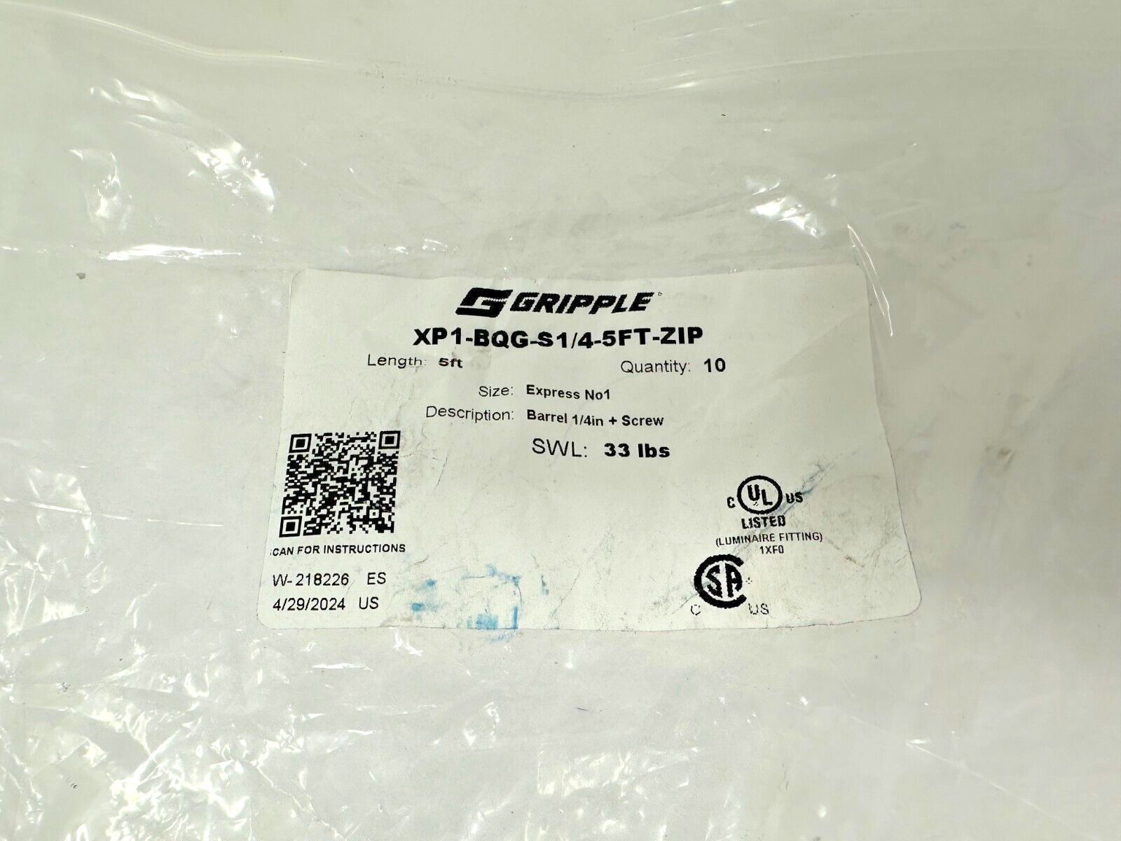 Gripple XP1-BQG-S1/4-5FT-ZIP 33lb Express #1 Barrel End Fixing 1/4″+Screw 10pk