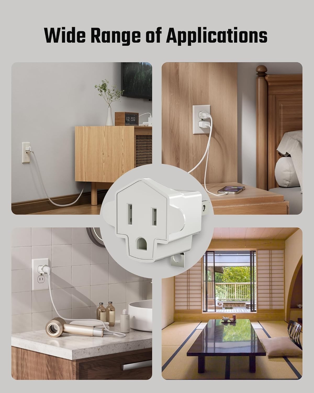 2 Prong to 3 Outlet Adapter, SUPERDANNY ETL Listed 3-2 White (4-Pack)