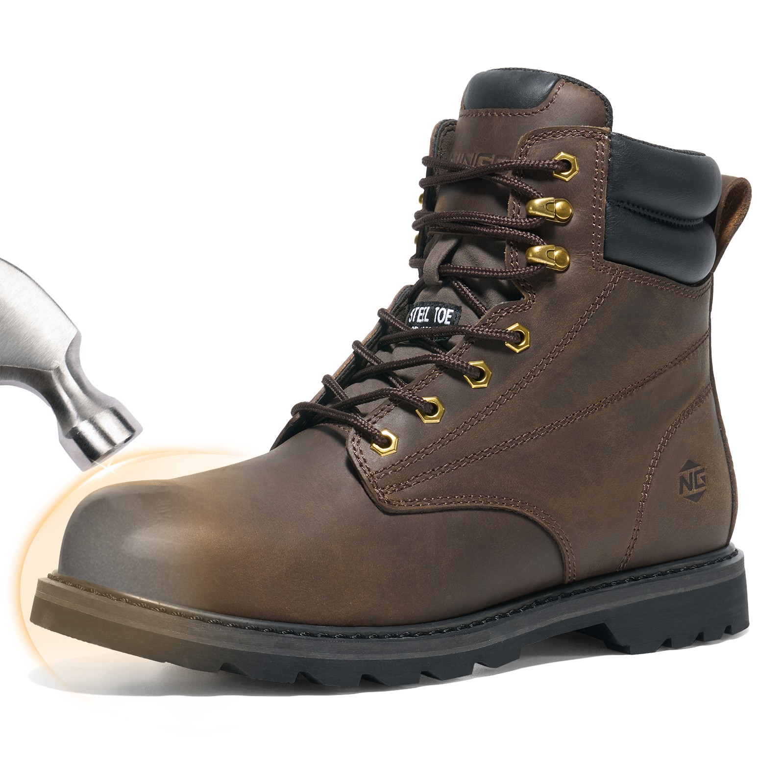 NINGO 6” Men Leather Safety Work Boot Steel/Soft Toe Lace Up Trail Hiking Shoes
