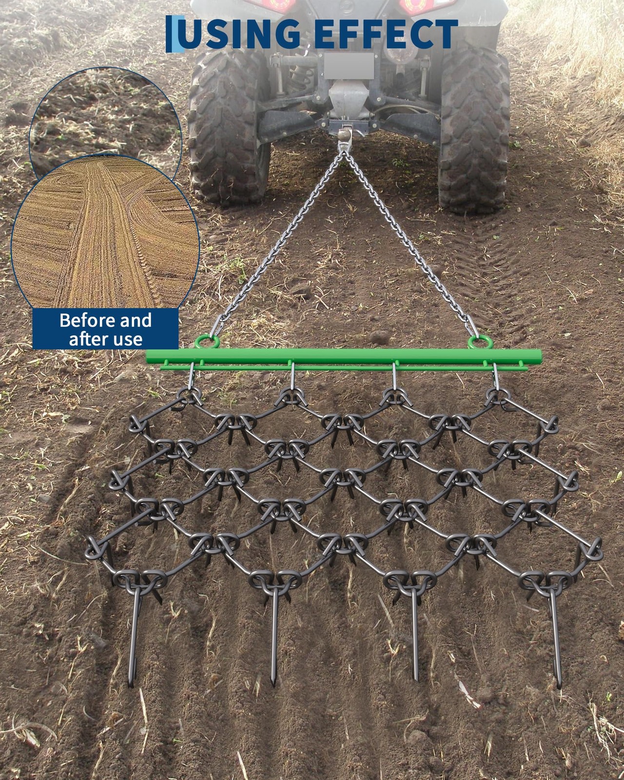 ATV UTV Tractor Drag Harrow 4×4 FT, 3/8″ & 1/2″ Teeth,Tow-Behind Grading ,Soil