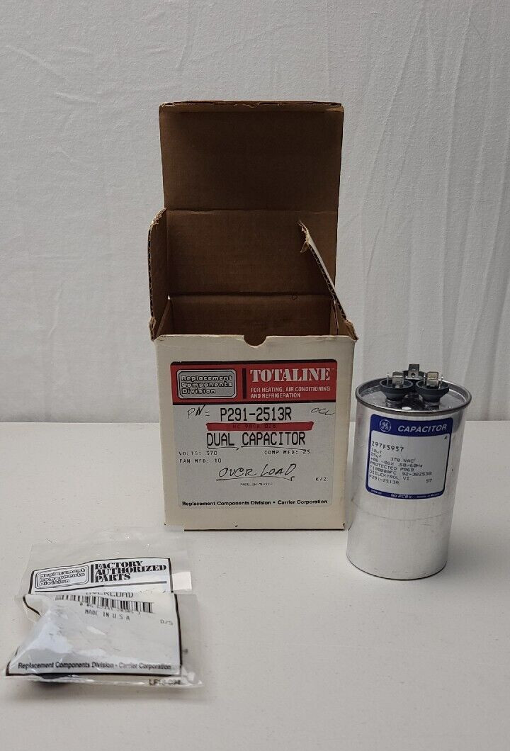 G.E. / Carrier P291-2513R Round dual Capacitor 25+10 MFD, 370VAC + overload