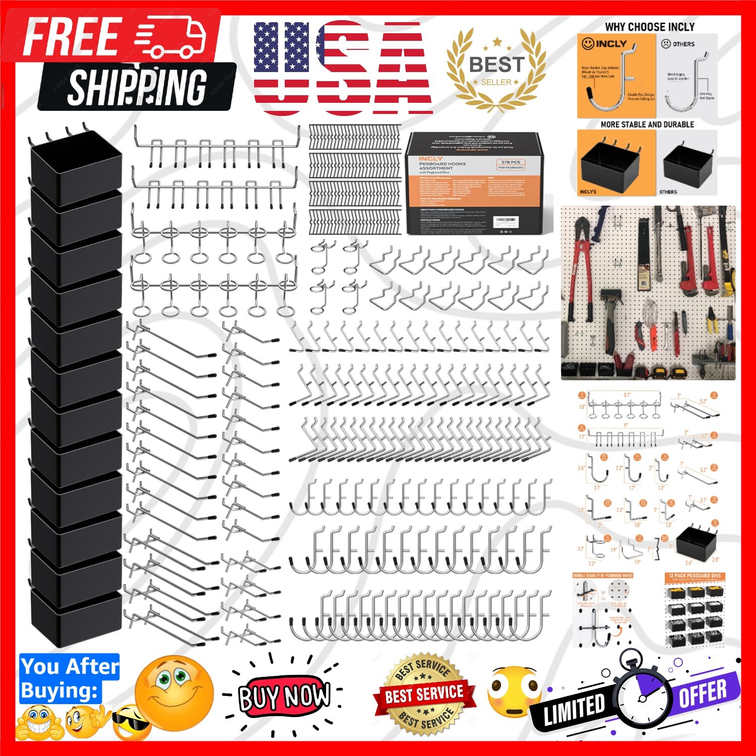 278PCS Pegboard Accessories Organizer Kit, Peg Board Hooks Assortment with Bi…